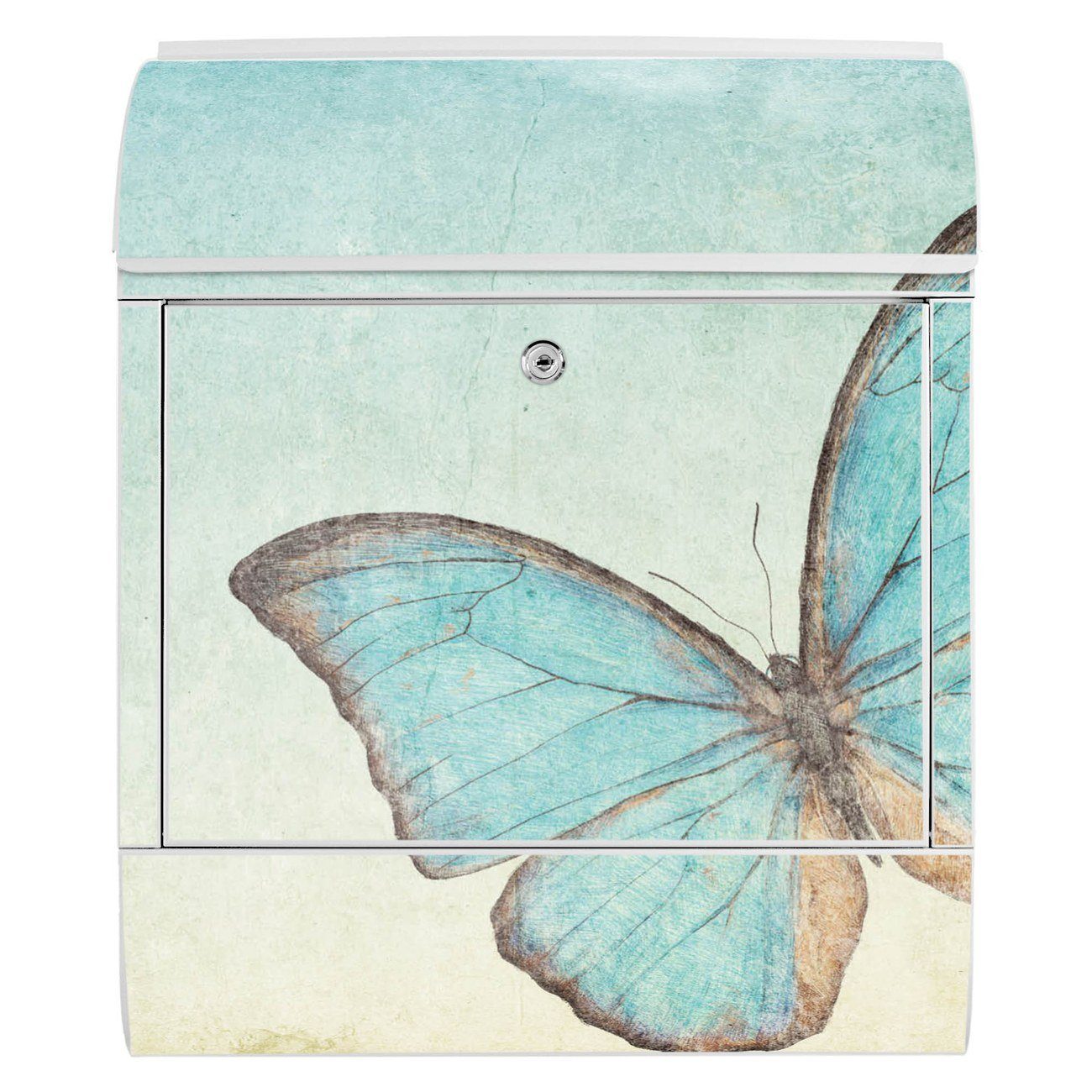 banjado Wandbriefkasten (Wandbriefkasten Zeitungsfach), witterungsbeständig, Schmetterlinge 14cm Blaue mit x Stahl 47 weiß x 39 pulverbeschichtet