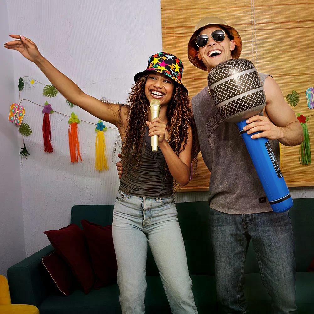 Boland Kostüm Aufblasbares Mikrofon 76 cm lustiges Party Accessoire für Karaoke Show, Lustiges Party Gadget in Silber-Blau Optik