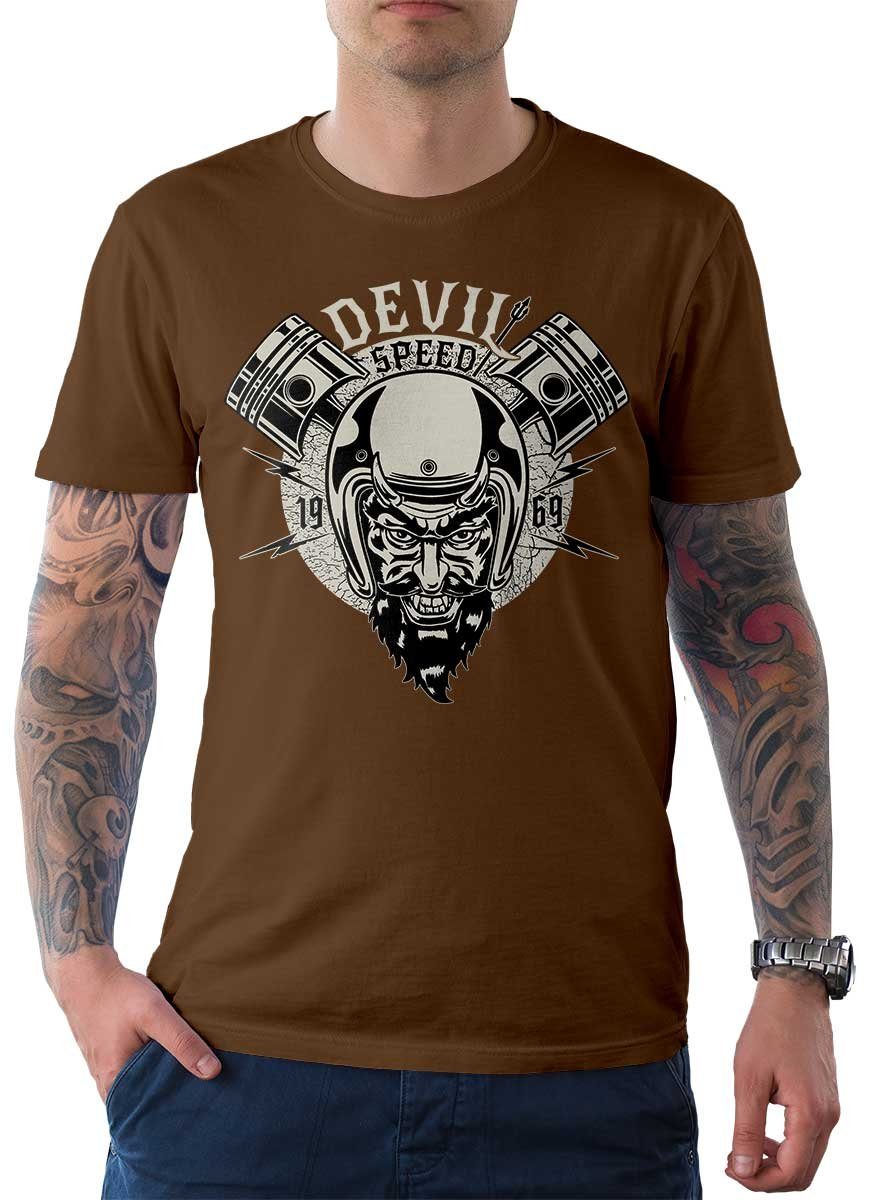 Rebel On Wheels T-Shirt Braun Tee Biker V-Twin / Motiv Motorrad Devil T-Shirt Herren mit