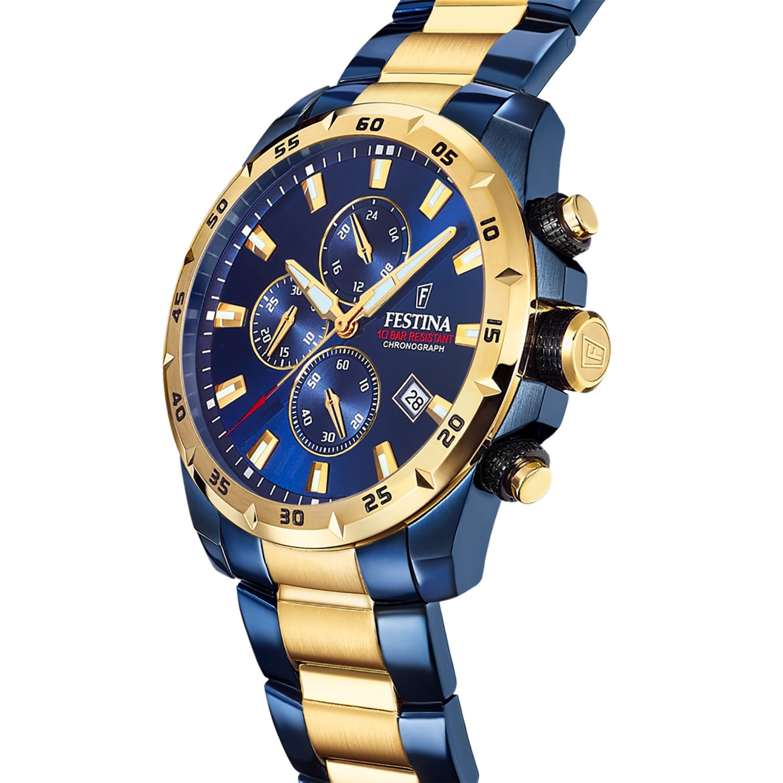 Festina Quarzuhr Festina Herrenuhr Chronograph Sport, (Analoguhr), Herren Armbanduhr rund, Edelstahlarmband dunkelblau, gold, Sportlich