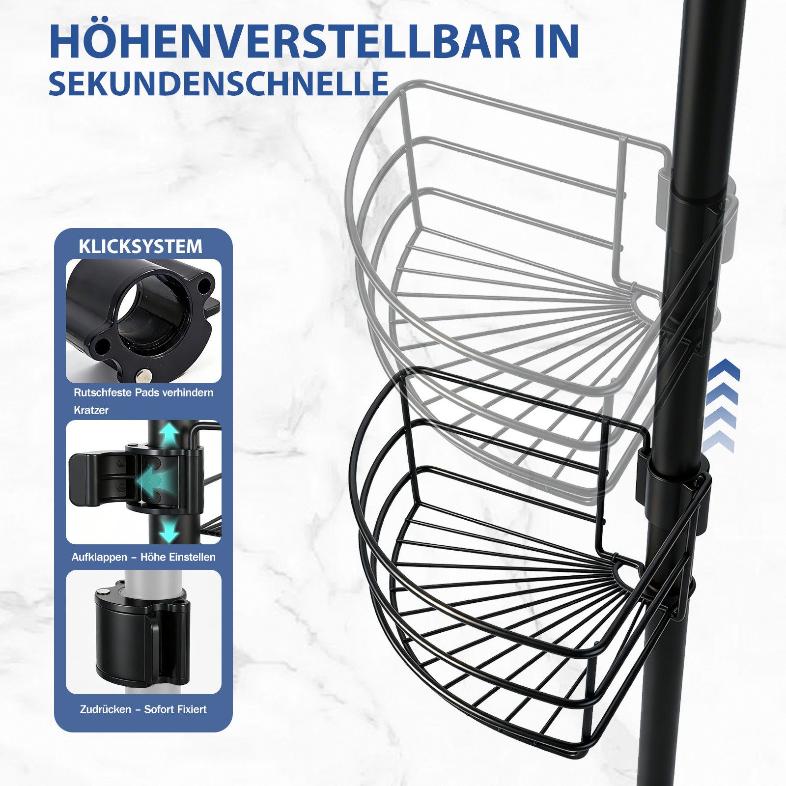 Sekey Duschregal Teleskop-Duschregal ohne Bohren, Eckablagen mit 4 Körbe, Eckregal Bad, Clipsystem, 80–310 cm, schwarz – Bild 2 von 5