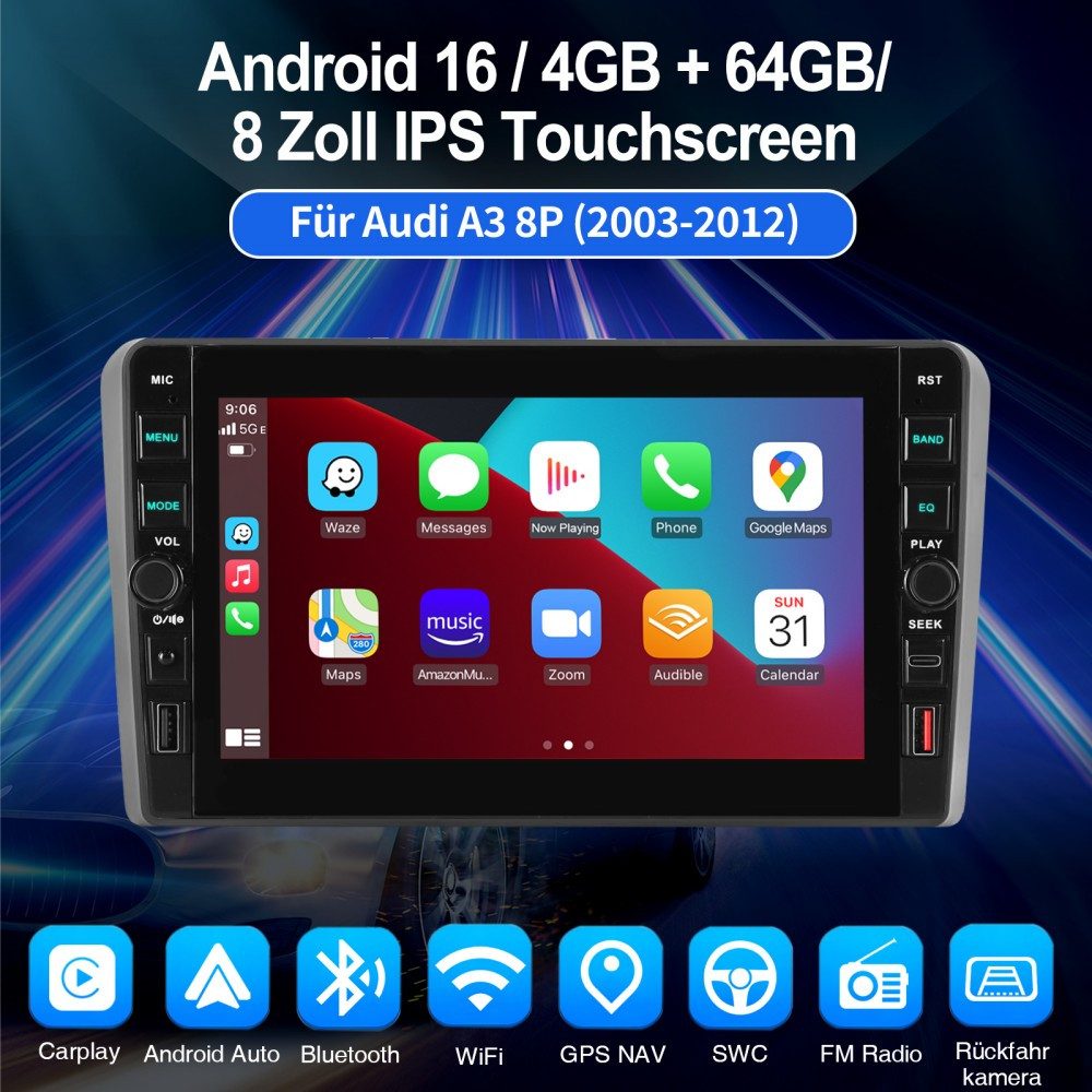 ESSGOO Für Audi A3 S3 RS3 8P 8V 8" Carplay Android 16 Autoradio 4+64G Autoradio (GPS NAVI RDS SWC USB WIFI) – Bild 2 von 5