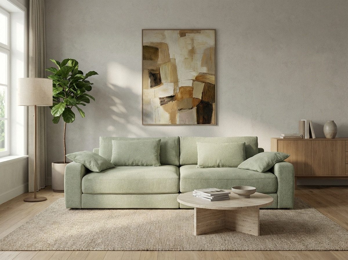 luma-home Big-Sofa 15247, Lounge Couch B290/T135/H90 cm, extratiefe Sitzfläche, Bonellfederkern-Polsterung,weicher robuster Flachgewebe-Bezug Hellgrün