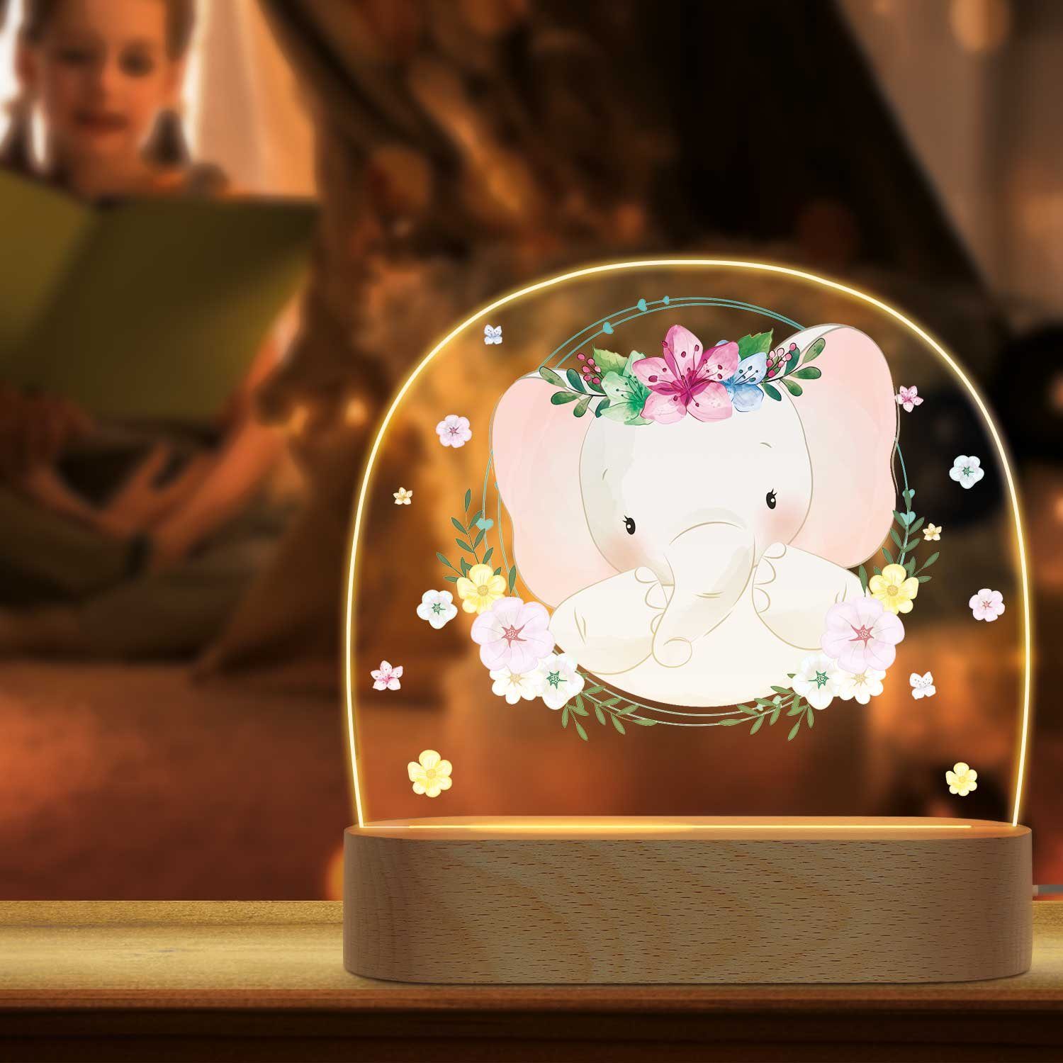 GRAVURZEILE LED Nachtlicht für Kinder, Beruhigend und Energiesparend - Blumen Design - Elefant mit Blume, LED, Warmweiß, Geschenk für Kinder & Baby