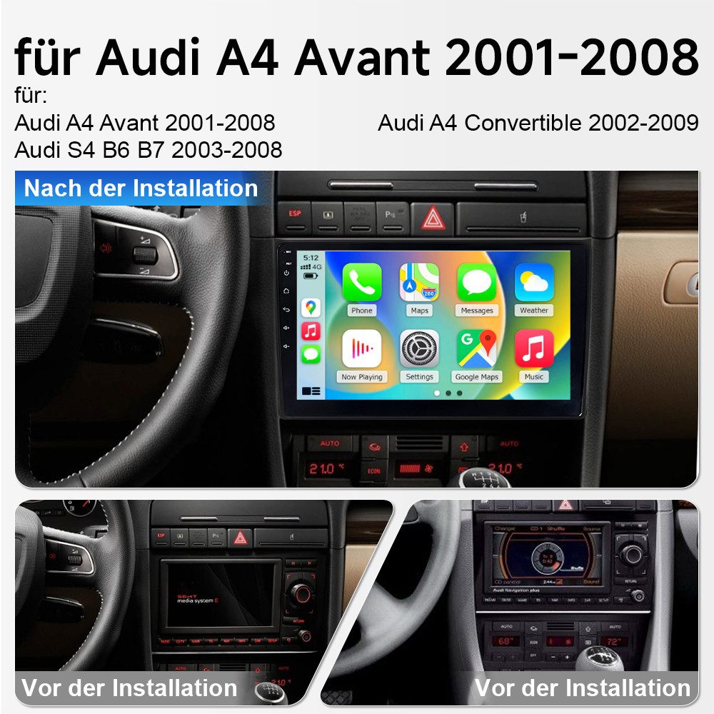 A-Sure Autoradio Android 15 Carplay Für Audi A4 S4 RS4 B6 B7 SEAT EXEO Autoradio (DSP, RDS, 4 Core, Digitalradio (DAB), 8 Core, 1280*720)