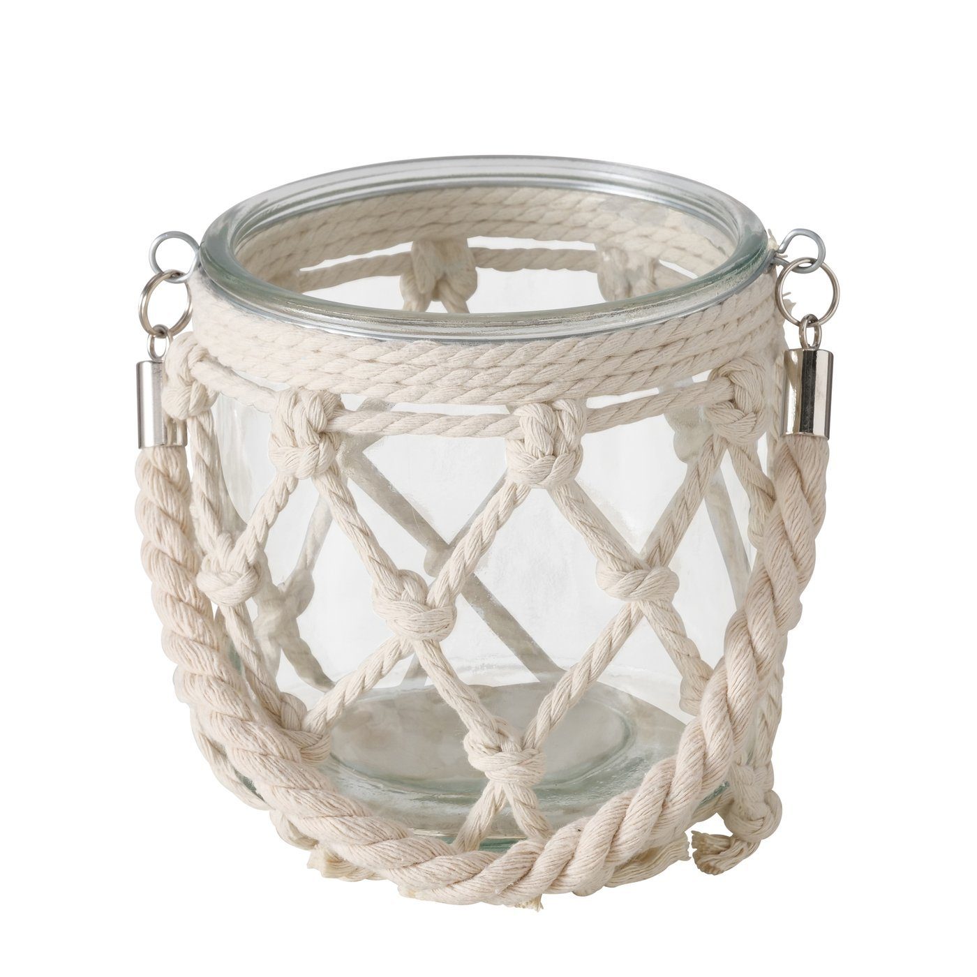 Windlicht Windlicht im Boho Stil mit Makramee Verzierung aus Glas H 14 cm Ø 14cm