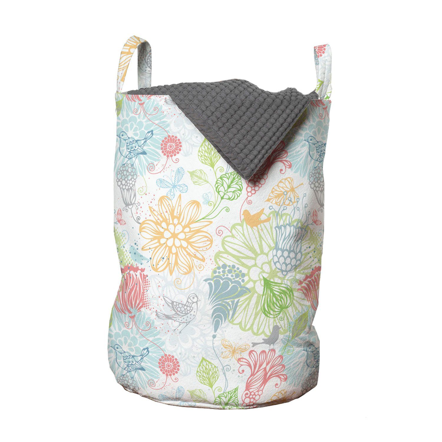 Abakuhaus Wäschesäckchen Wäschekorb mit Griffen Kordelzugverschluss für Waschsalons, Vögel Damast-Muster Frühling