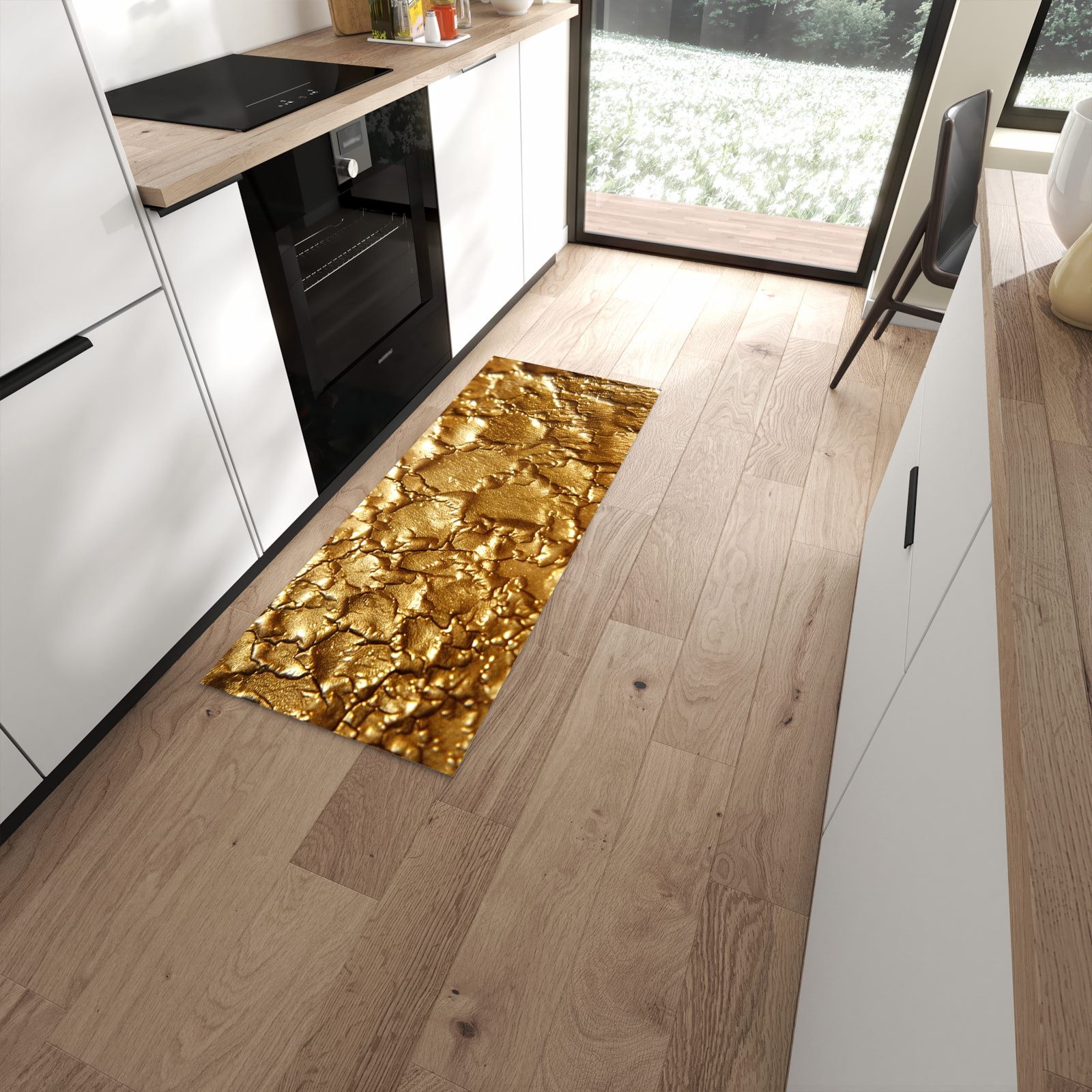Primedeco Teppich Küchenteppich Goldene Struktur PVC rutschfest abwaschbar Läufer, Rechteckig, Höhe: 3 mm, Pflegeleicht & Wasserabweisend