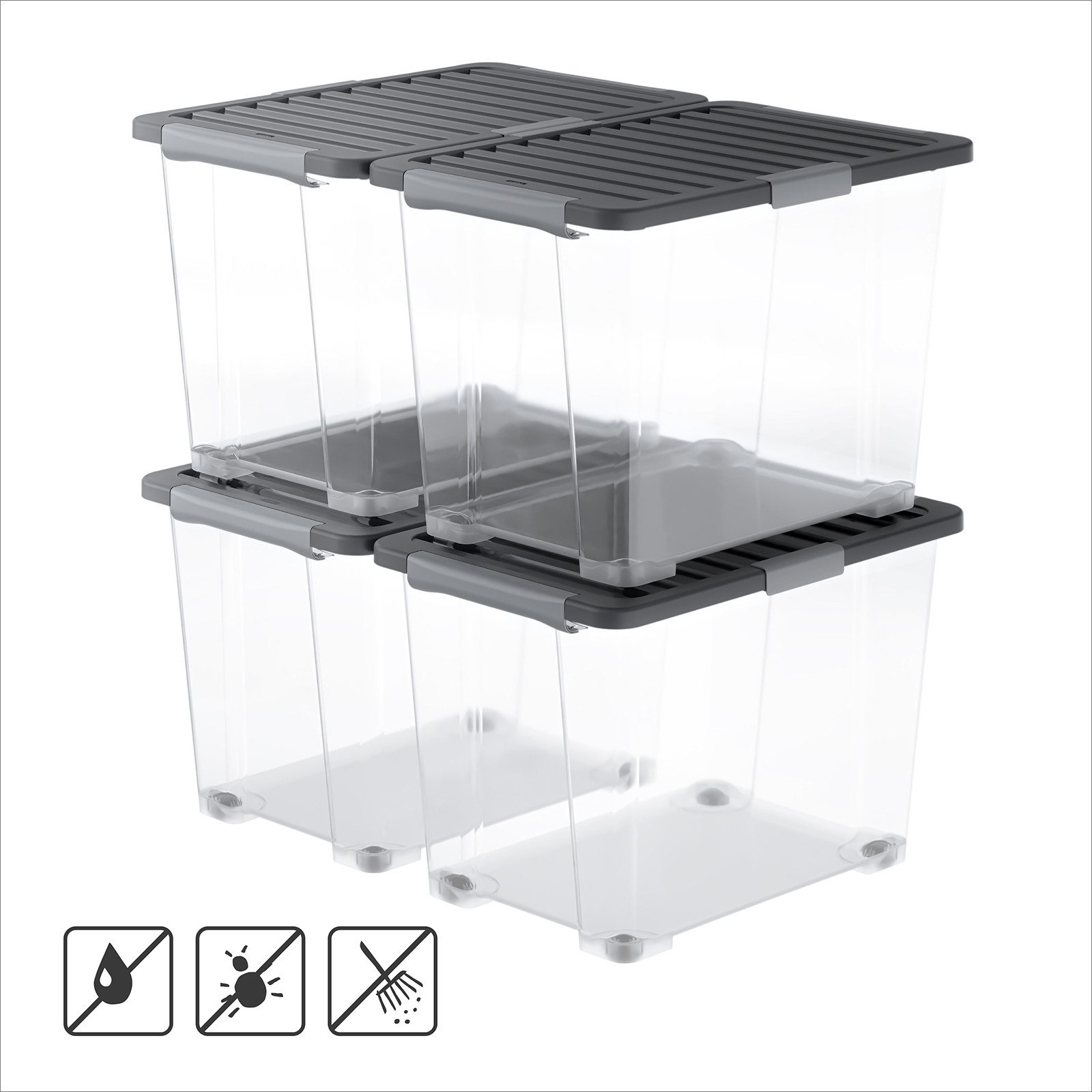 ROTHO Aufbewahrungsbox 4er-Set CORE PRO 65 L stapelbare Box mit gedichteter Deckel und Räder (Lagerboxen-Set, 4er-Set), roße Rollbox mit Dichtung ideal für Kleidung und Haushaltsartikel