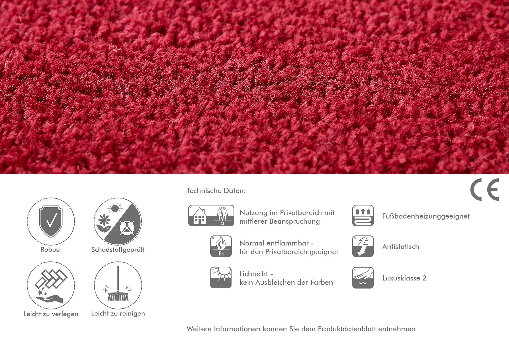 Bodenbelag Fußbodenheizung Breit, Andiamo, Velours Höhe: geeignet, Teppichboden 400 rot Teppichboden, cm mm, 8.5