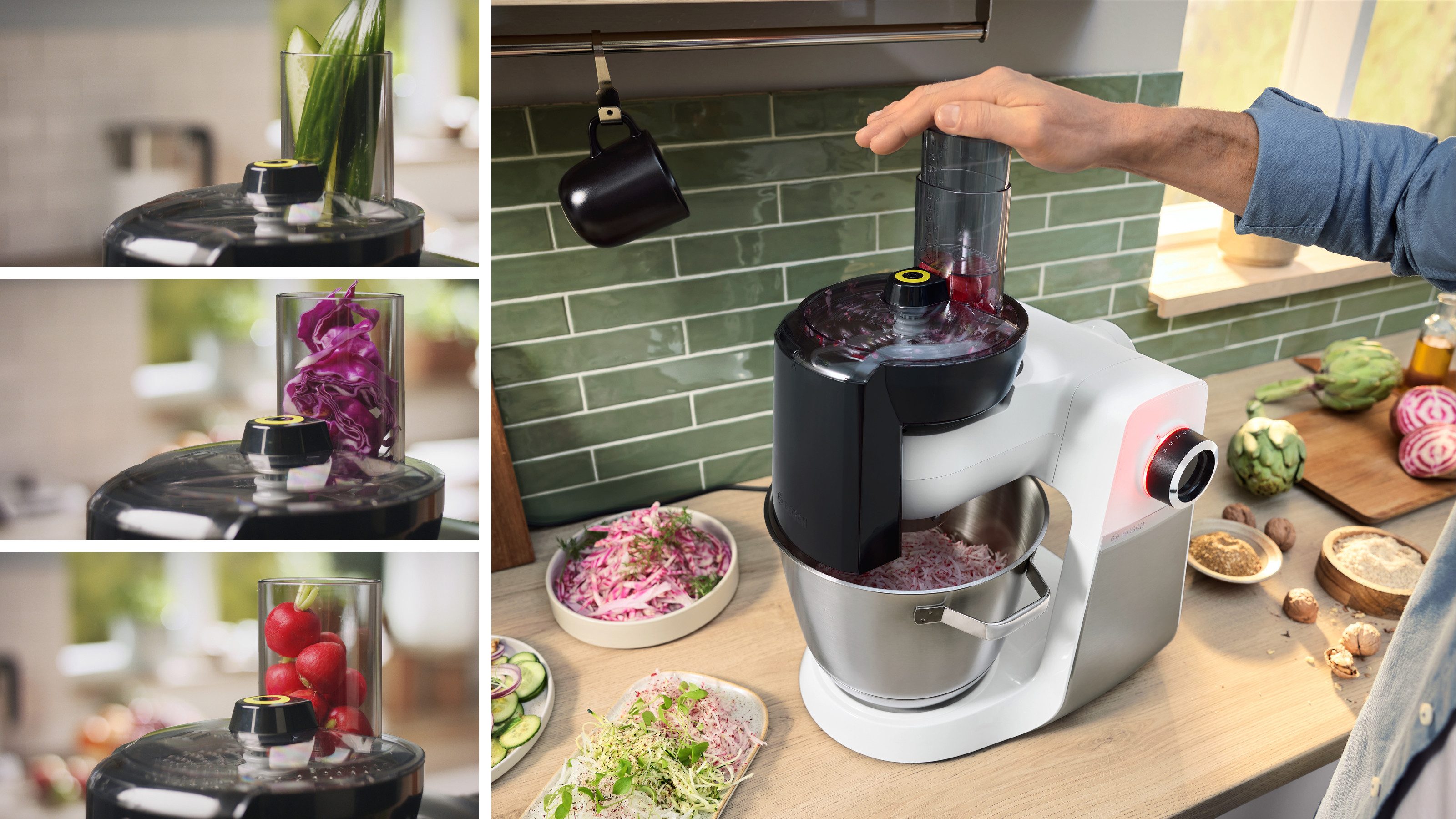 BOSCH Küchenmaschine Serie 6 MUMS6EW13D, Durchlaufschnitzler, Edelstahlschüssel, weiß, 1600 W, 5,5 l Schüssel, 7 Stufen, 3 Scheiben, Knethaken/Rühr-/Silikonbesen, spülm.fest