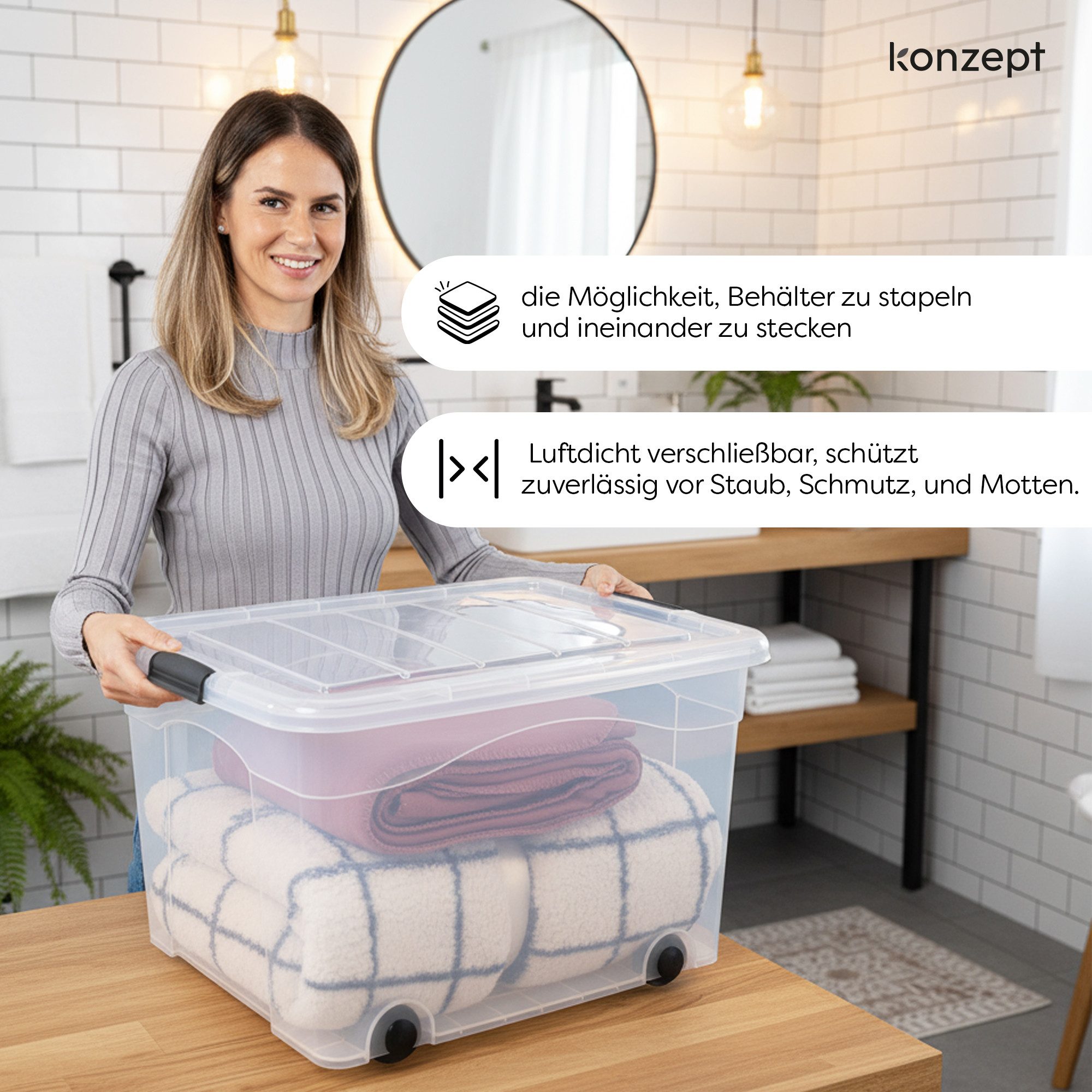 KONZEPT Aufbewahrungsbox Kunststoffbox mit Deckel 60L Transparent Stapelbox mit Rollen, für Kleidung, Bettwäsche, Spielsachen, Küchenutensilien – Bild 5 von 5