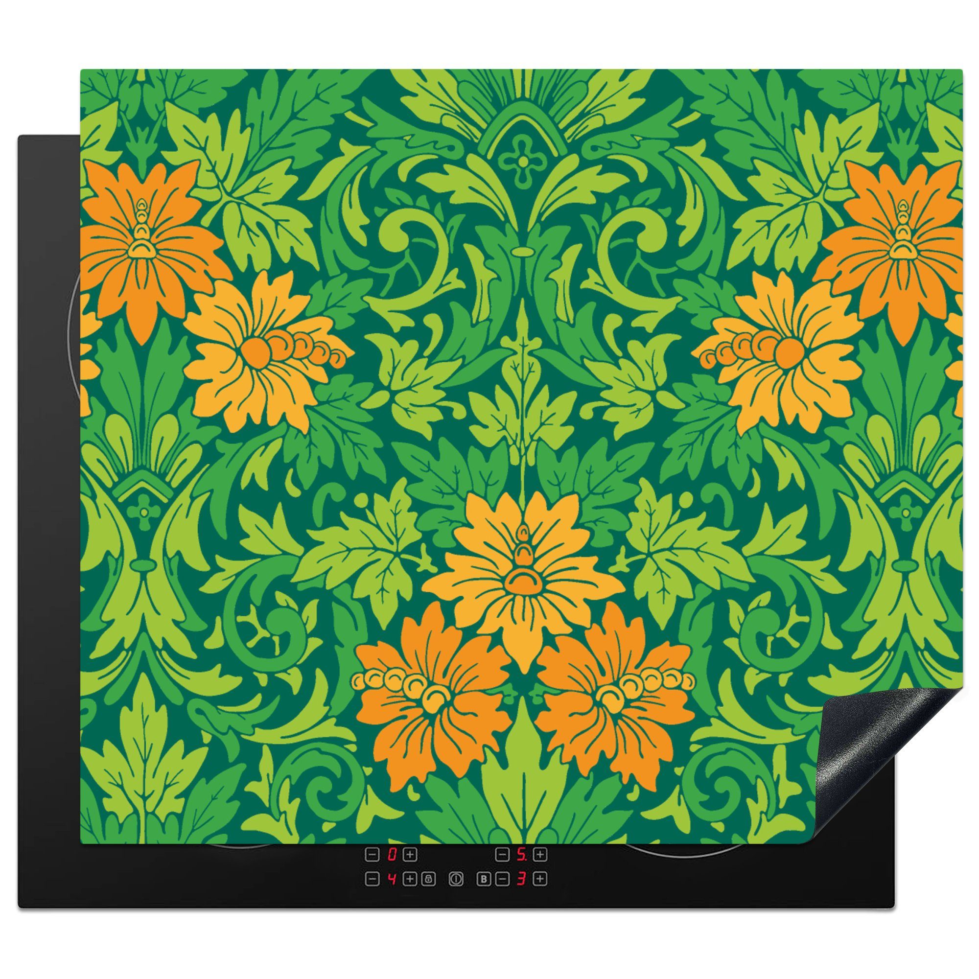 MuchoWow Herdblende-/Abdeckplatte Blätter - Blumen - Boho - Muster, Vinyl, (1 tlg), 59x52 cm, Ceranfeldabdeckung für die küche, Induktionsmatte