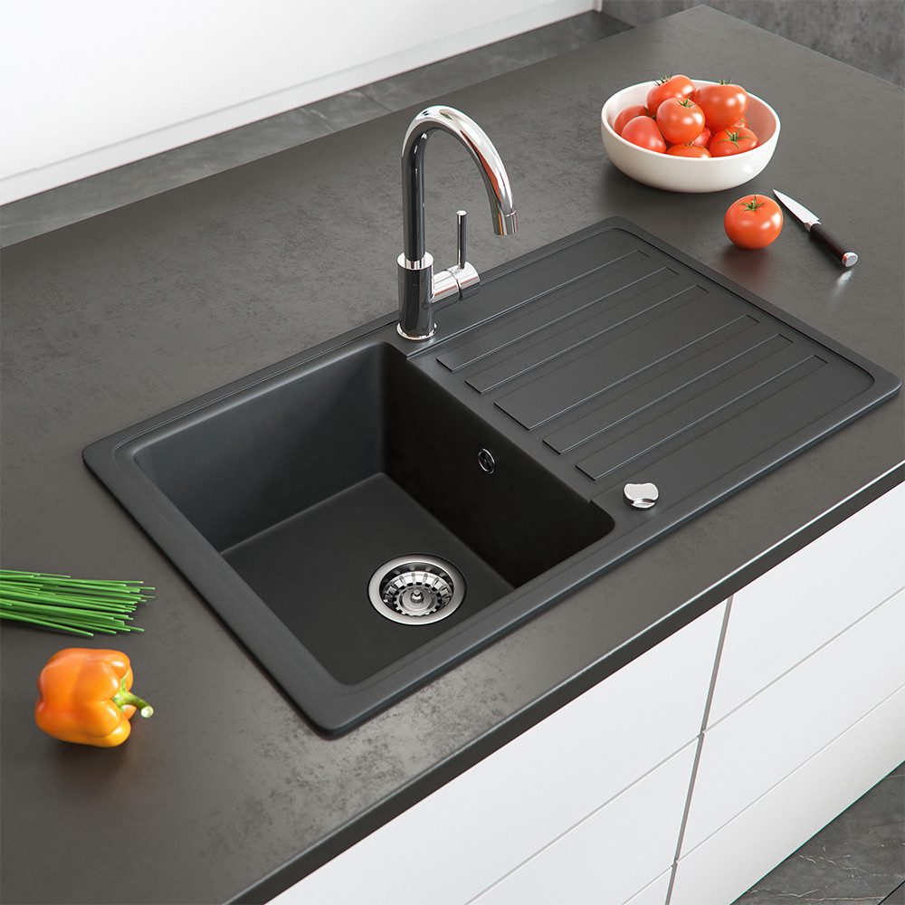Bergstroem Granitspüle, Schwarz, 76 x 46 cm mit Trockenplatz, Rechteckig, 76.5/46 cm, beidseitig montierbar, (1 St)