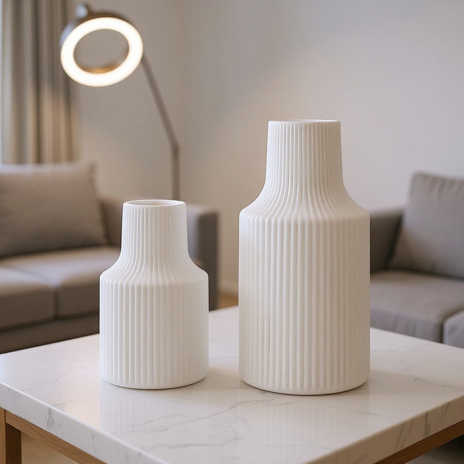 Macosa Home Dekovase Dekovase Weiß Keramik Rillen 14 cm od. 19 cm (Rillenvase, modern Vase Tischvase Tischdeko), rund Keramikvase Blumenvase