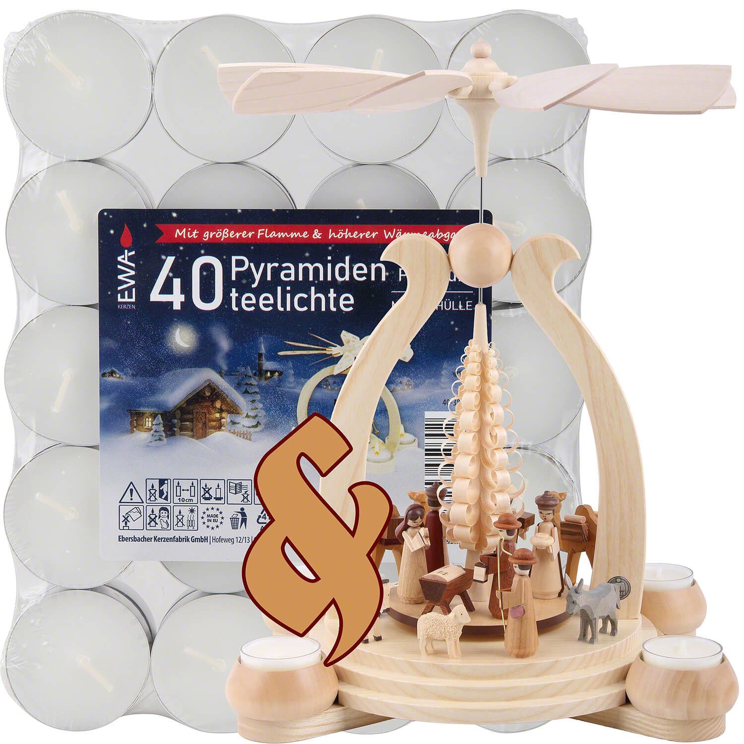 Erzgebirge-Palast Weihnachtspyramide Set 1-stöckige Pyramide Heilige Geschichte und eine Packung Teelichter