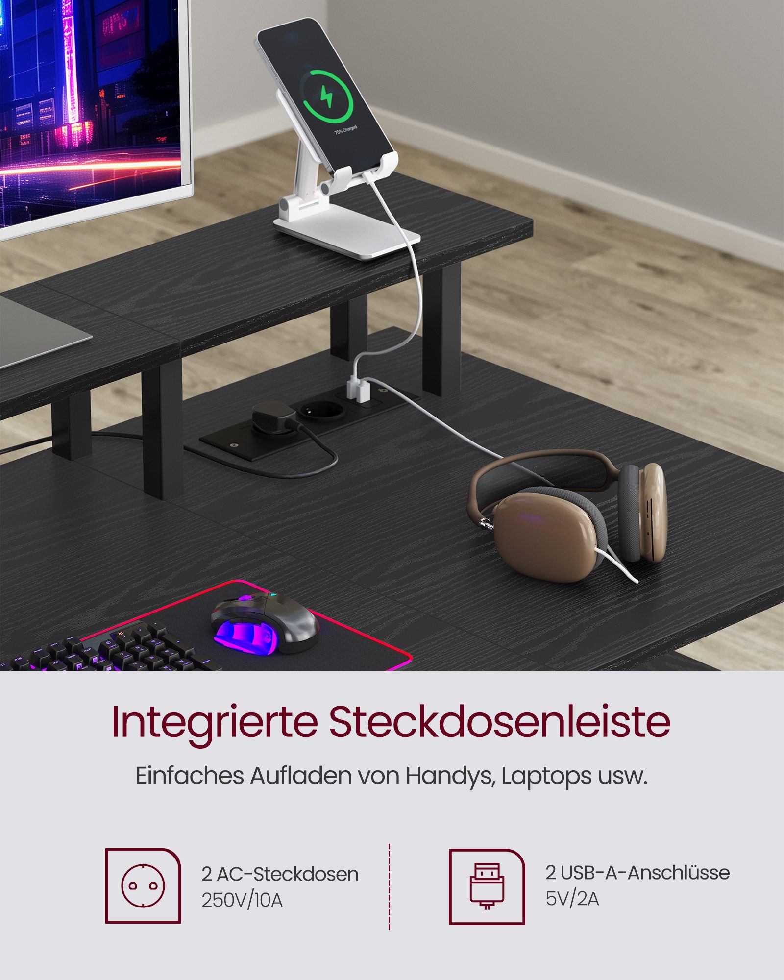 VASAGLE Schreibtisch mit Stoff-Schubladen, Computertisch mit Monitorständer, für Homeoffice, Bürotisch, 2 AC-Steckdosen, 2 USB-A-Anschlüsse, 120 x 60 cm