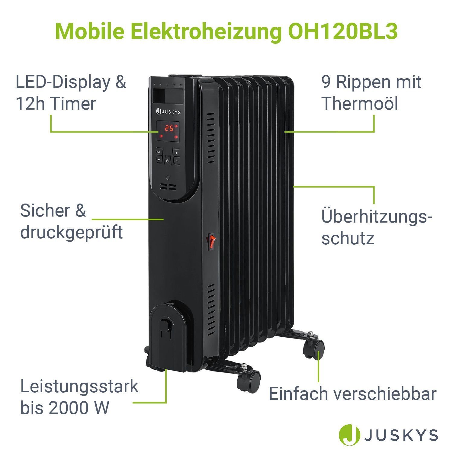 2000 Rippen, OH120BL3, Überhitzungsschutz, 9 Heizstufen, Juskys Kabelhalterung 3 Ölradiator W,