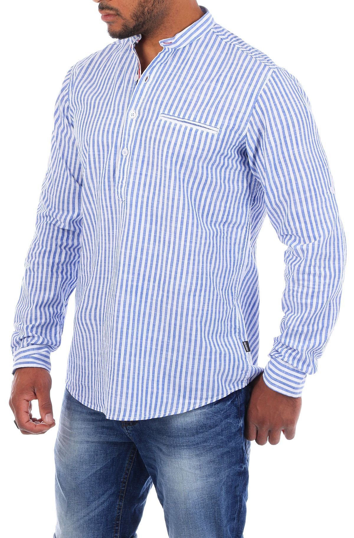 CARISMA Langarmhemd Herren Baumwoll Leinen Mix Tunika Hemd 8454 Regular Langarm Stehkragen Gestreift