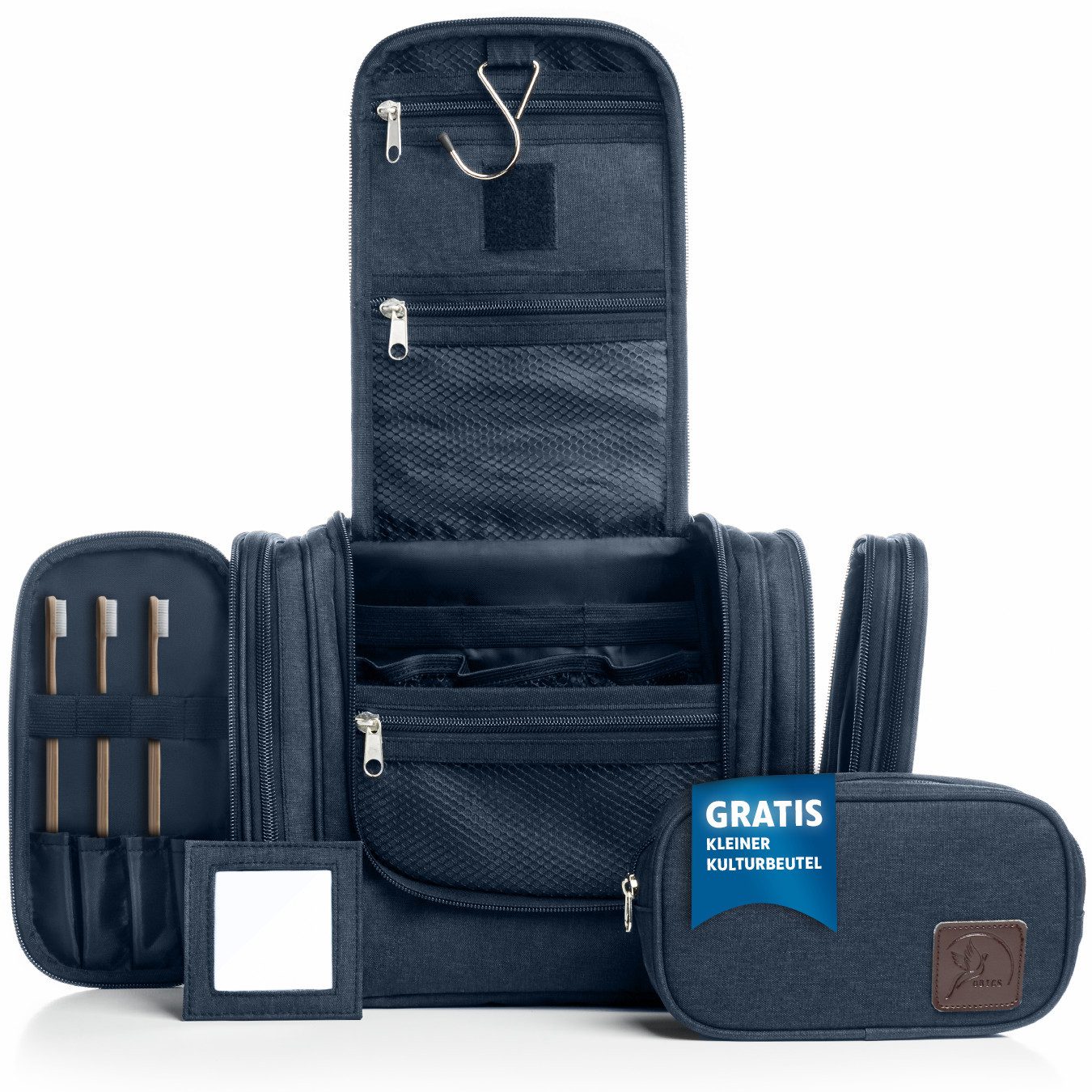 Obics Kulturbeutel XXL 8 Liter (Set, 2 Teilig), zum Aufhängen - Kosmetiktasche für Damen & Herren 10 Fächer