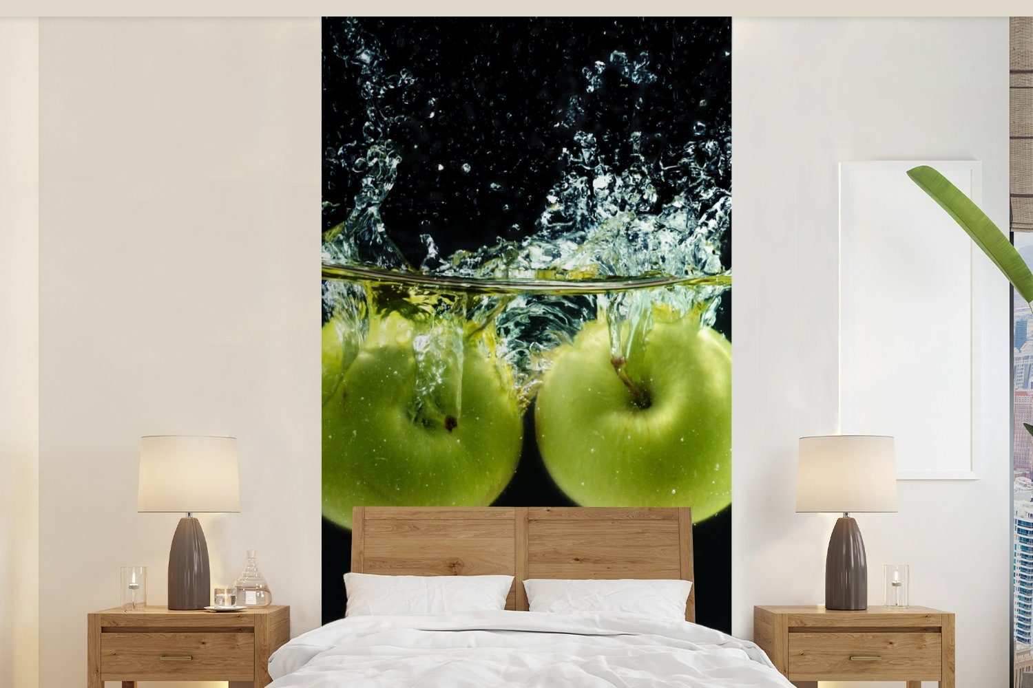 MuchoWow Fototapete Äpfel - Obst - Wasser - Schwarz - Grün, Matt, bedruckt, (2 St), Vliestapete für Wohnzimmer Schlafzimmer Küche, Fototapete