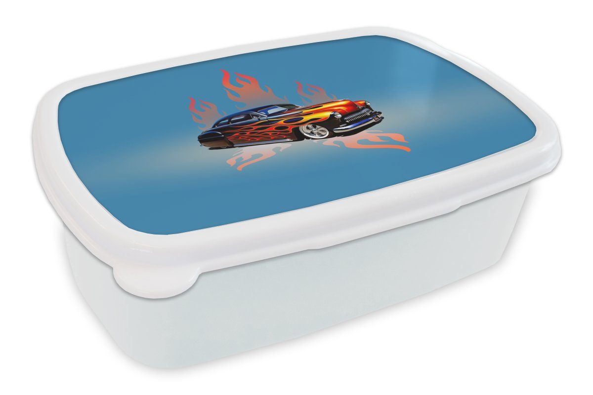 MuchoWow Lunchbox Auto - Flammen - Feuer - Blau - Vintage, Kunststoff, (2-tlg), Brotbox für Kinder und Erwachsene, Brotdose, für Jungs und Mädchen weiß