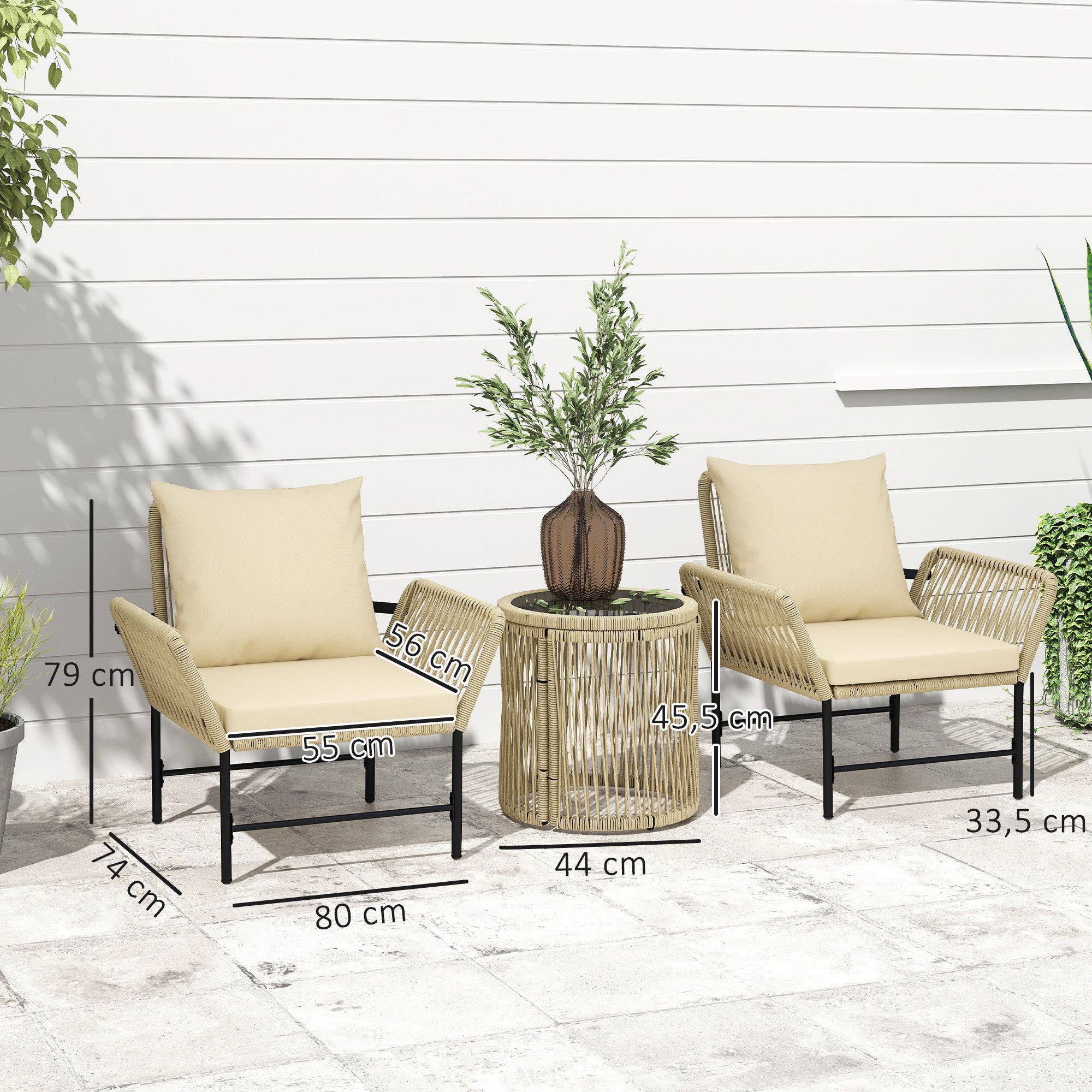 Outsunny Sitzgruppe mit 2 Stühle, Beistelltisch, Sitzkissen, (Outdoor Balkonmöbel für 2 Personen, 3-tlg., Polyrattan Gartenmöbel Set), für Garten, Balkon, Khaki+Beige