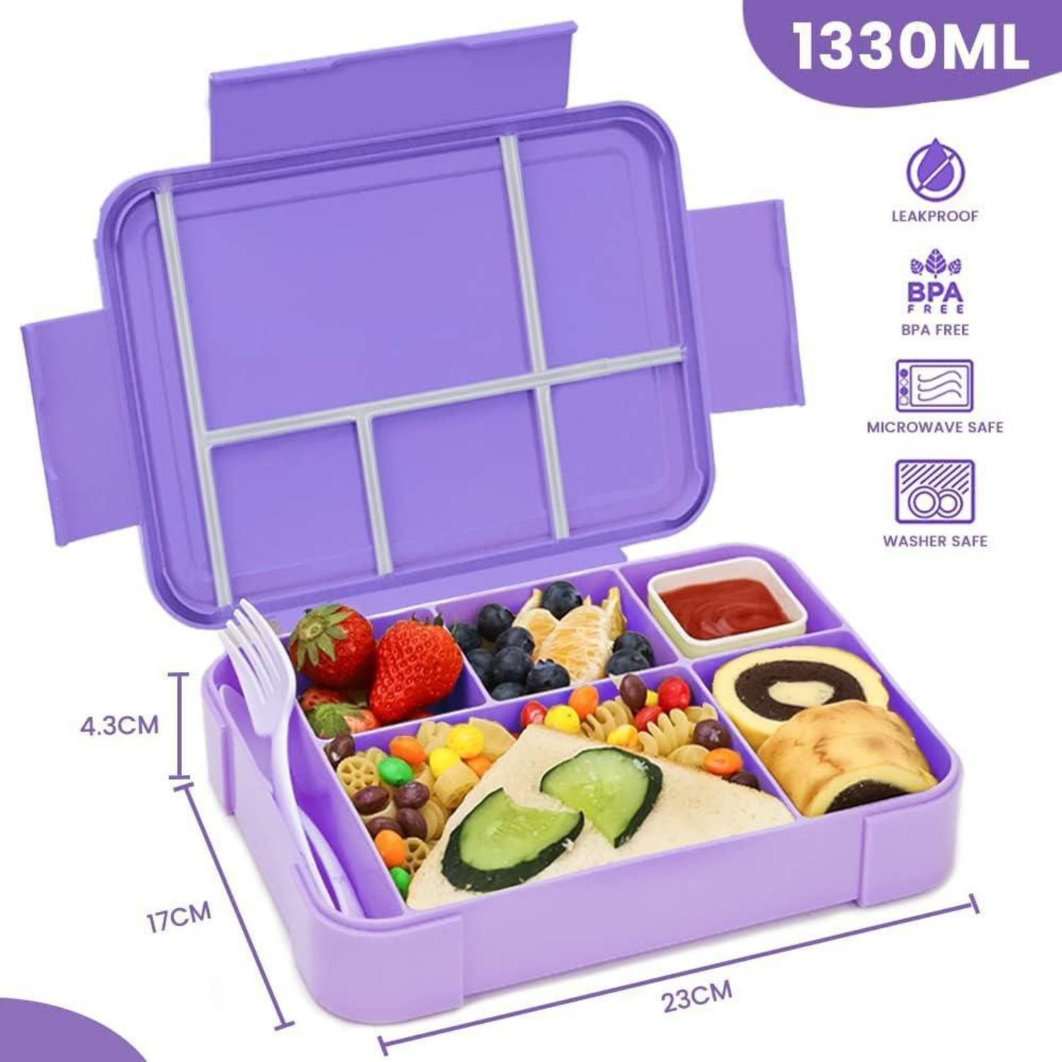 LuxusKollektion Lunchbox Brotdose Kinder 1330ml 6 Fächer Auslaufsicher Besteckset Lila