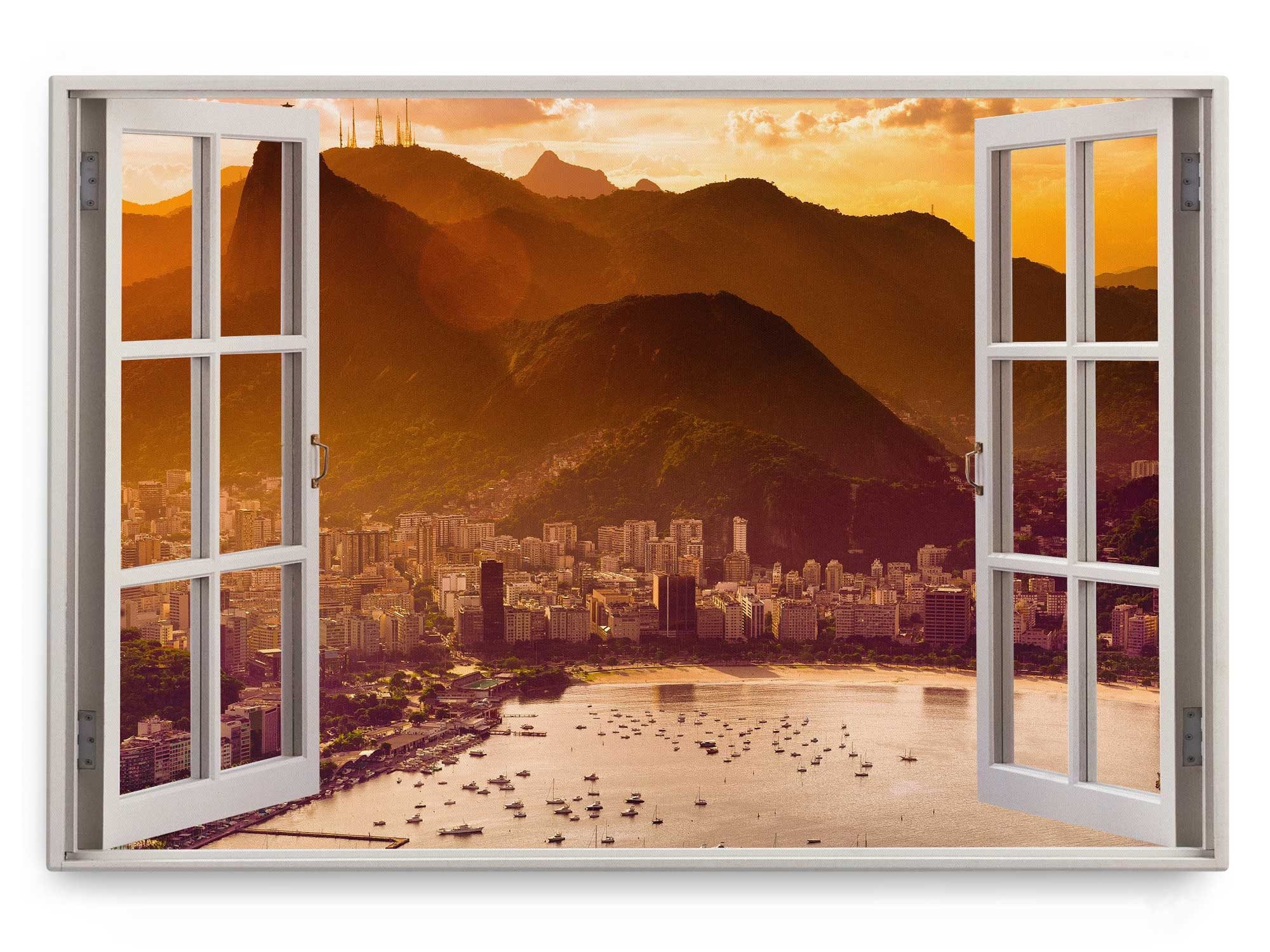 Sinus Art Leinwandbild Wandbild 120x80cm Fensterbild Brasilien Rio de Janeiro Bucht Meer Sonn, (1 St)