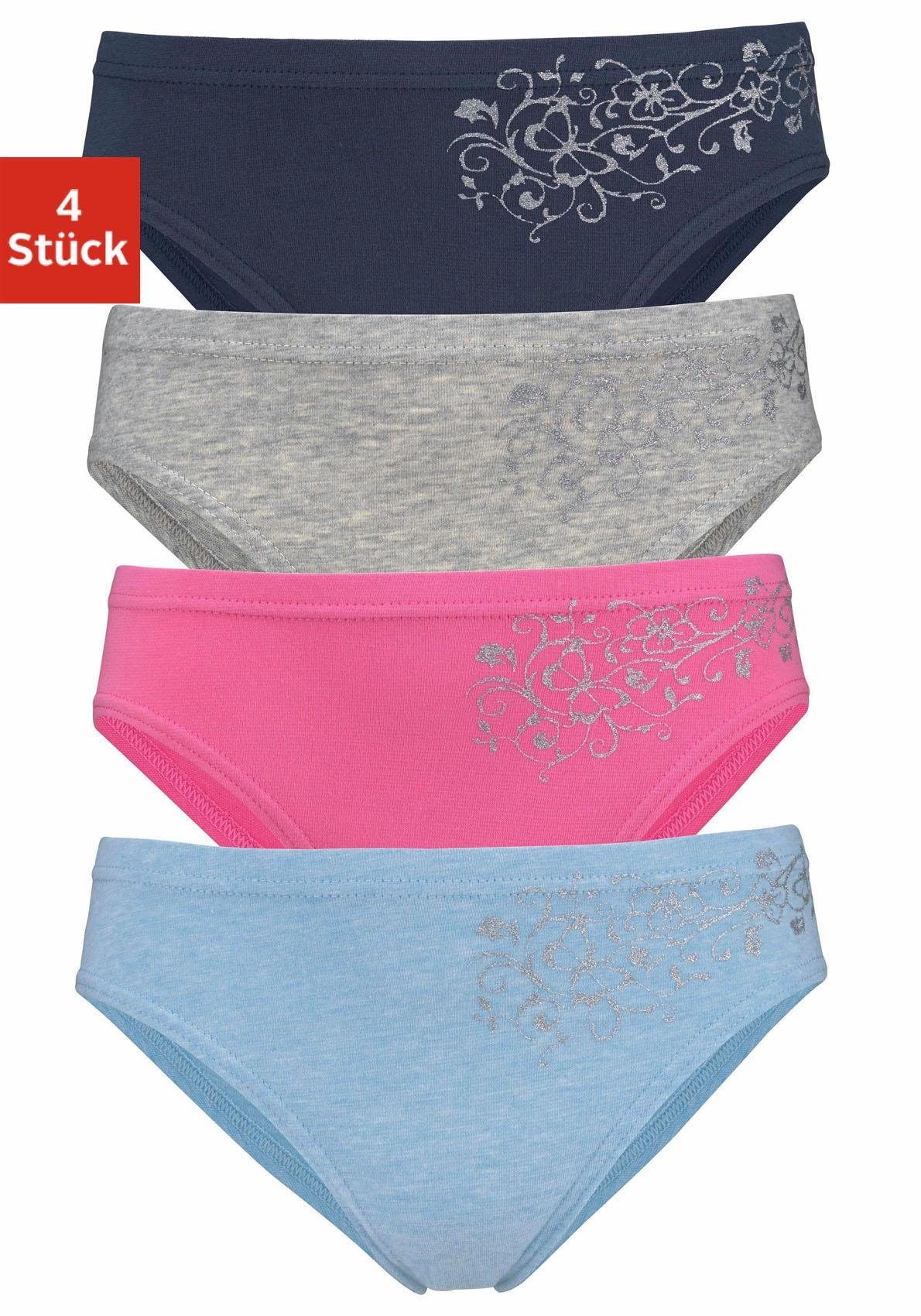 petite fleur Bikinislip (Packung, 4-St) mit floralem Glitzerdruck, Baumwollmischung