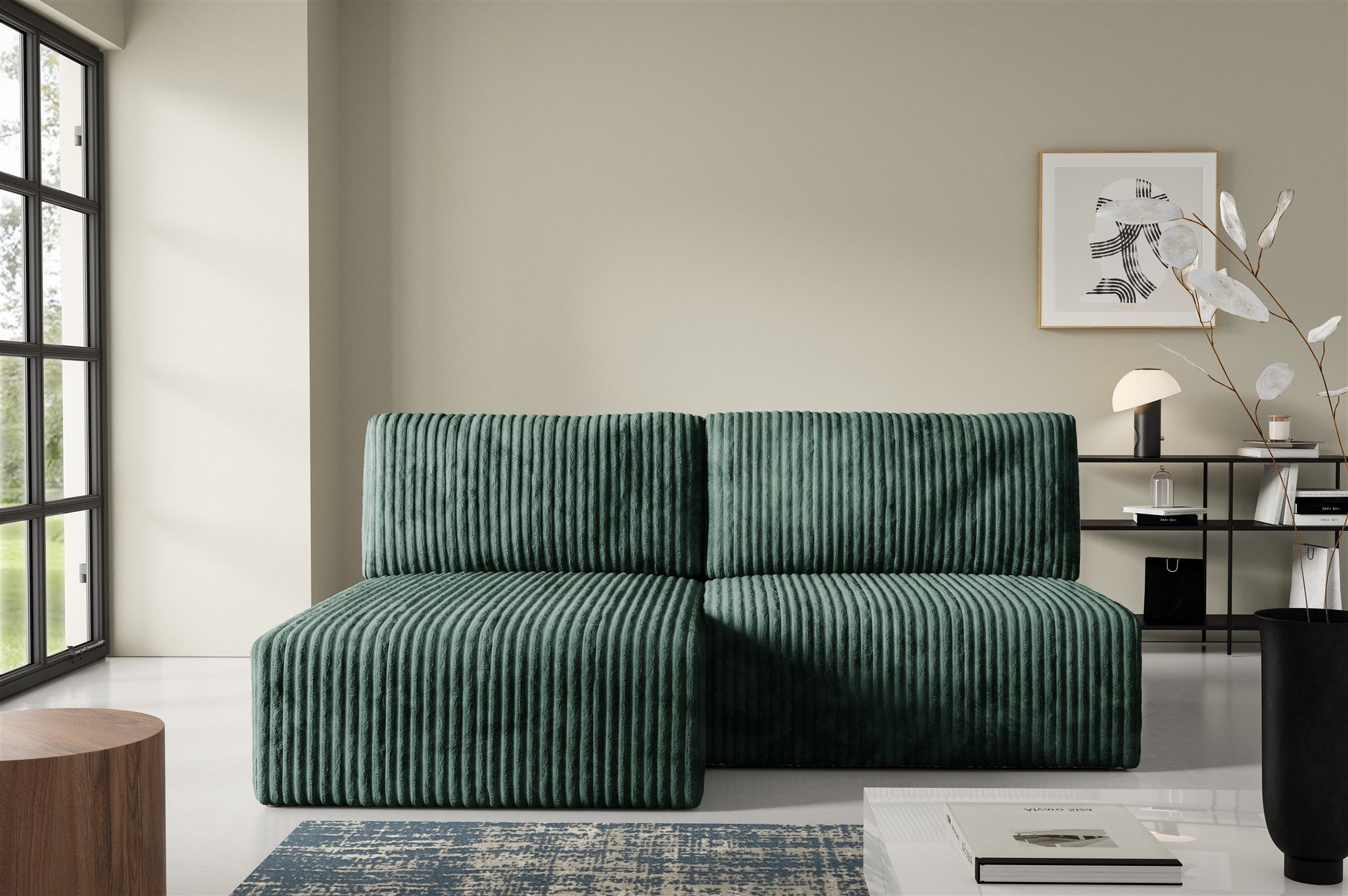 Fun Möbel Ecksofa Sofa FUN ALEGRIA XS mit Schlaffunktion in Velourstoff Tilia, mit Schlaffunktion und Bettkasten, Ottomane Links oder Rechts