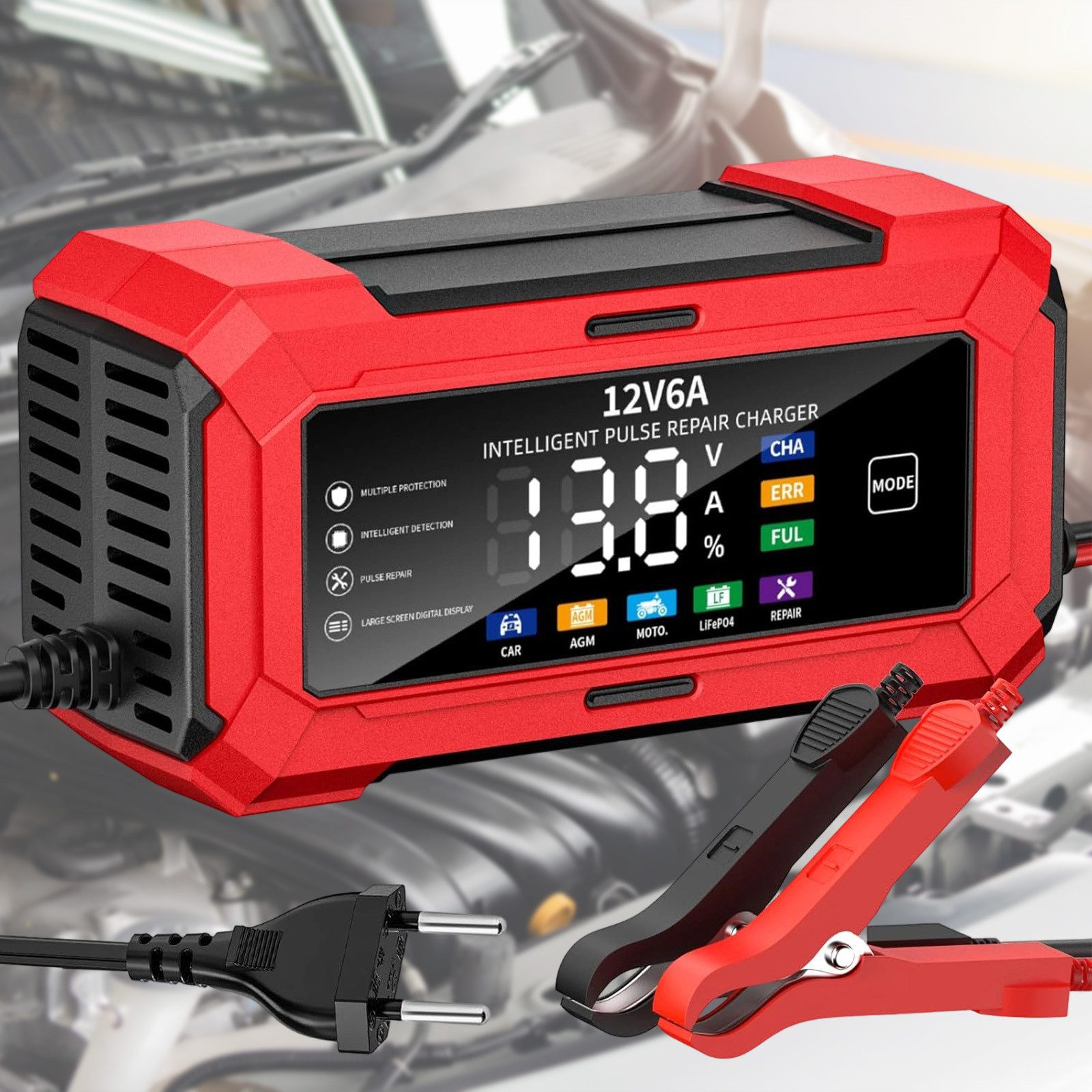 MODFU 12V 6A Intelligentes Batterieladegerät Autobatterie-Ladegeräte Starthilfegerät (12 V, 1 St), 96W Leistung 6A Ausgangsstrom sorgen für Laden an 100–240VAC