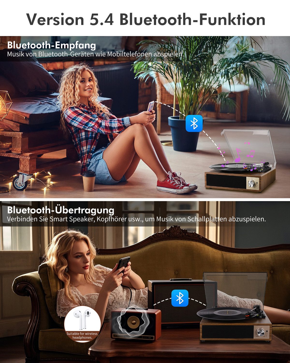 Fofile Bluetooth 5.4 Schallplattenspieler mit 2 Stereo-Lautsprecher 3-Gang Plattenspieler (Vinyl Player, unterstützt Kopfhörer/AUX-Eingang/RCA-Ausgang/USB) – Bild 3 von 5