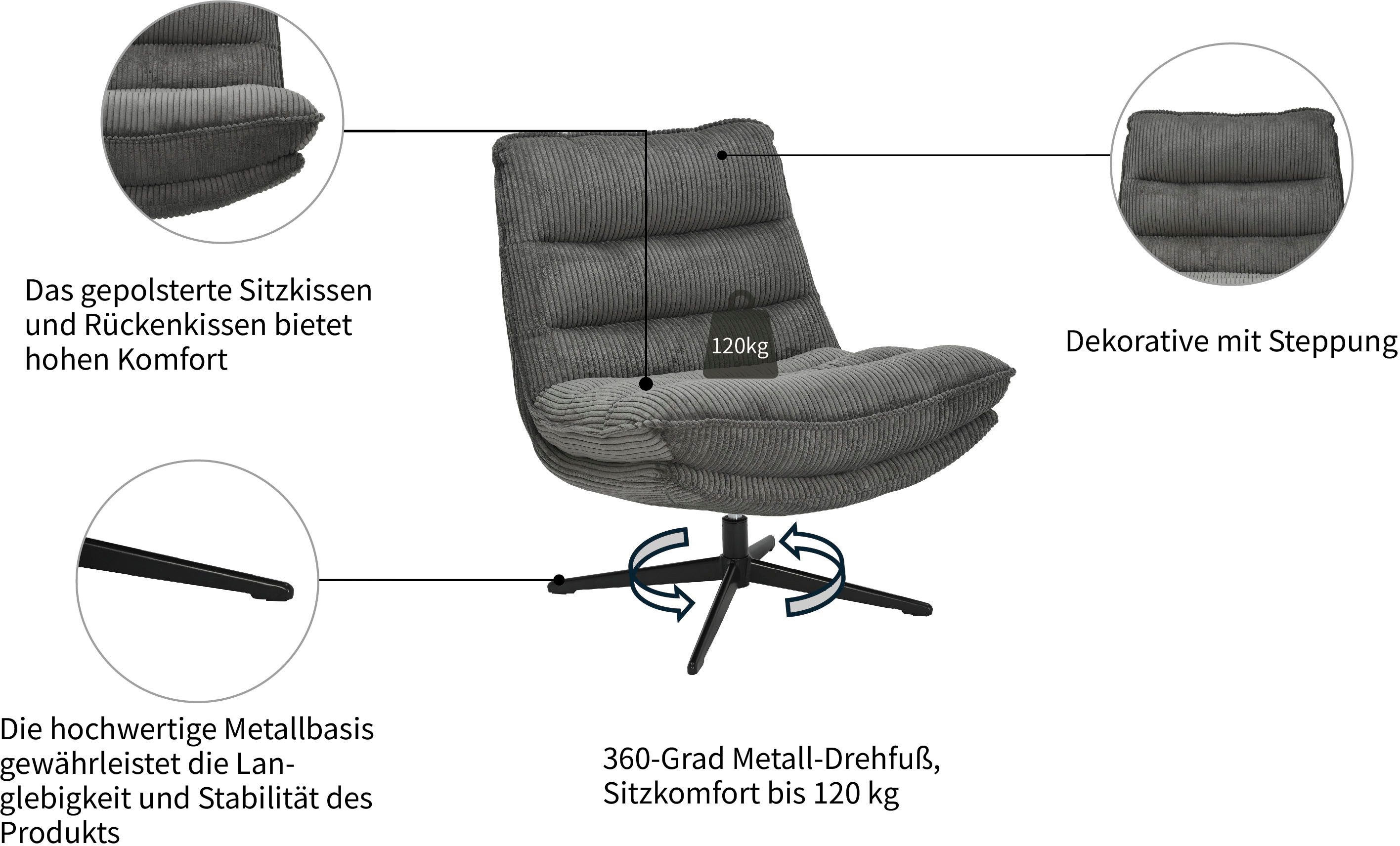 OTTO home Sessel AVAA, Loungesessel im softem Cord-Bezug, 360° Grad drehbar, Relax- und TV-Sessel