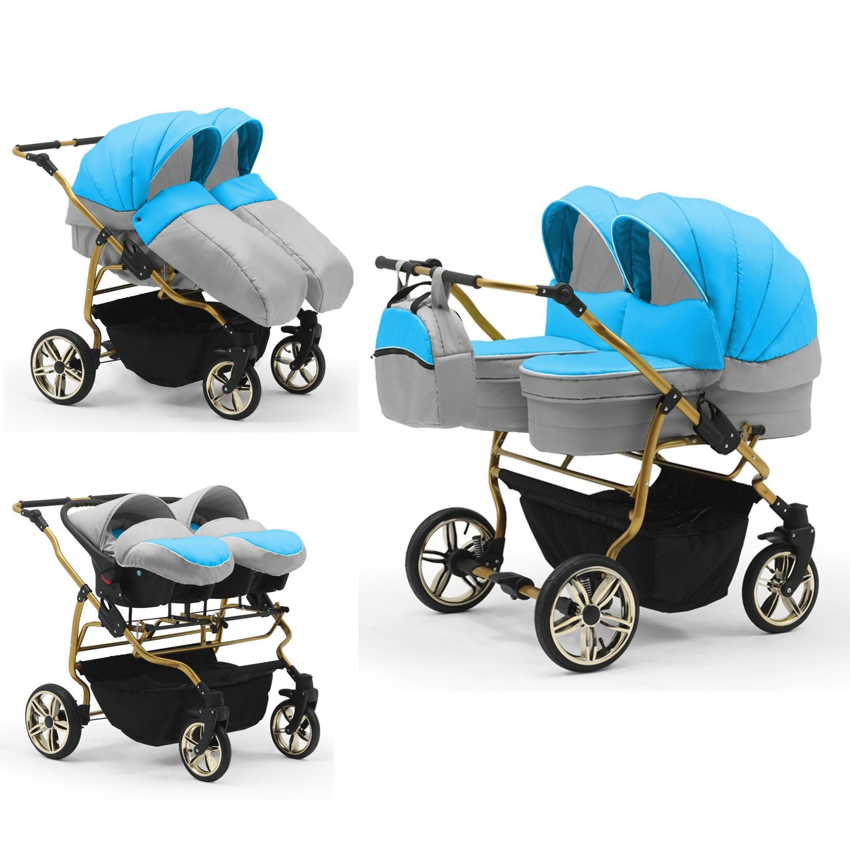 babies-on-wheels Zwillingswagen Duet Lux Gold 3 in 1 inkl. Autositze - 13 Teile - in 33 Farben Türkis-Grau