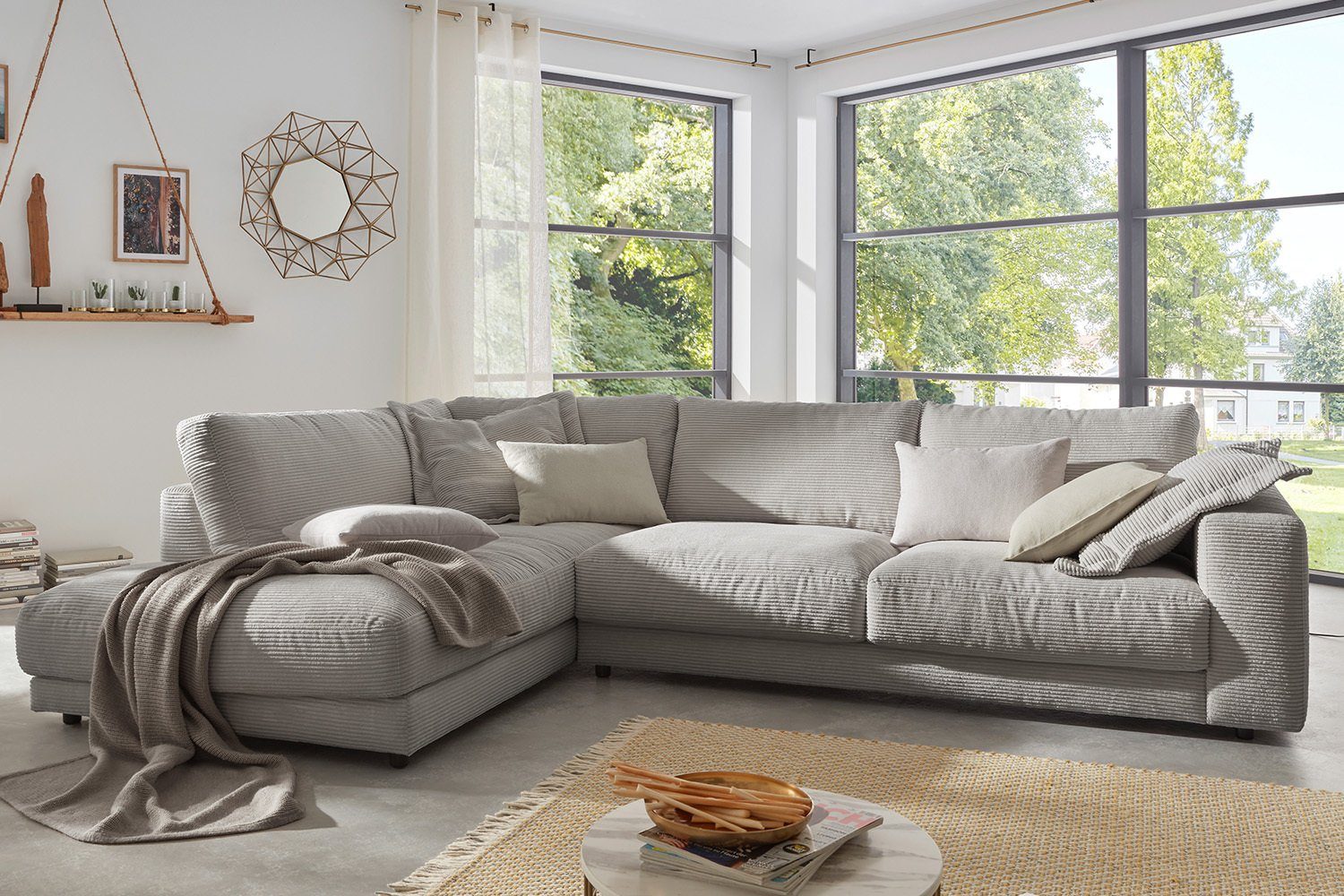 KAWOLA Ecksofa MADELINE, Sofa Cord, versch. links, od. Recamiere rechts grau Farben