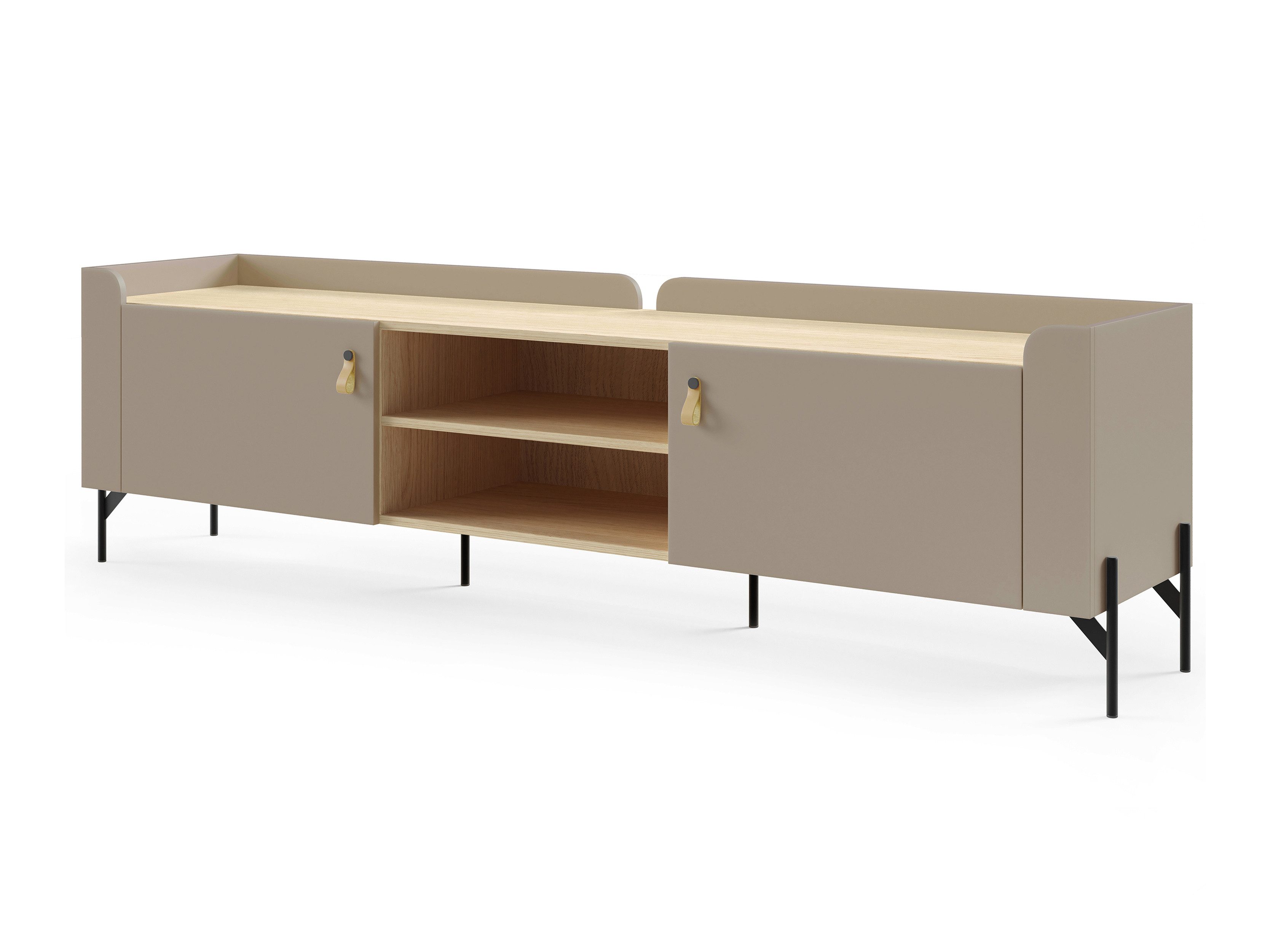 Beautysofa TV-Schrank SORELLA 2-türig, 195 cm (Metallfüßen und Designergriffen aus Leder, modernes Lowboard mit 2 offenen Fächern) Porcini oder Macadamia mit Eiche Mavelie