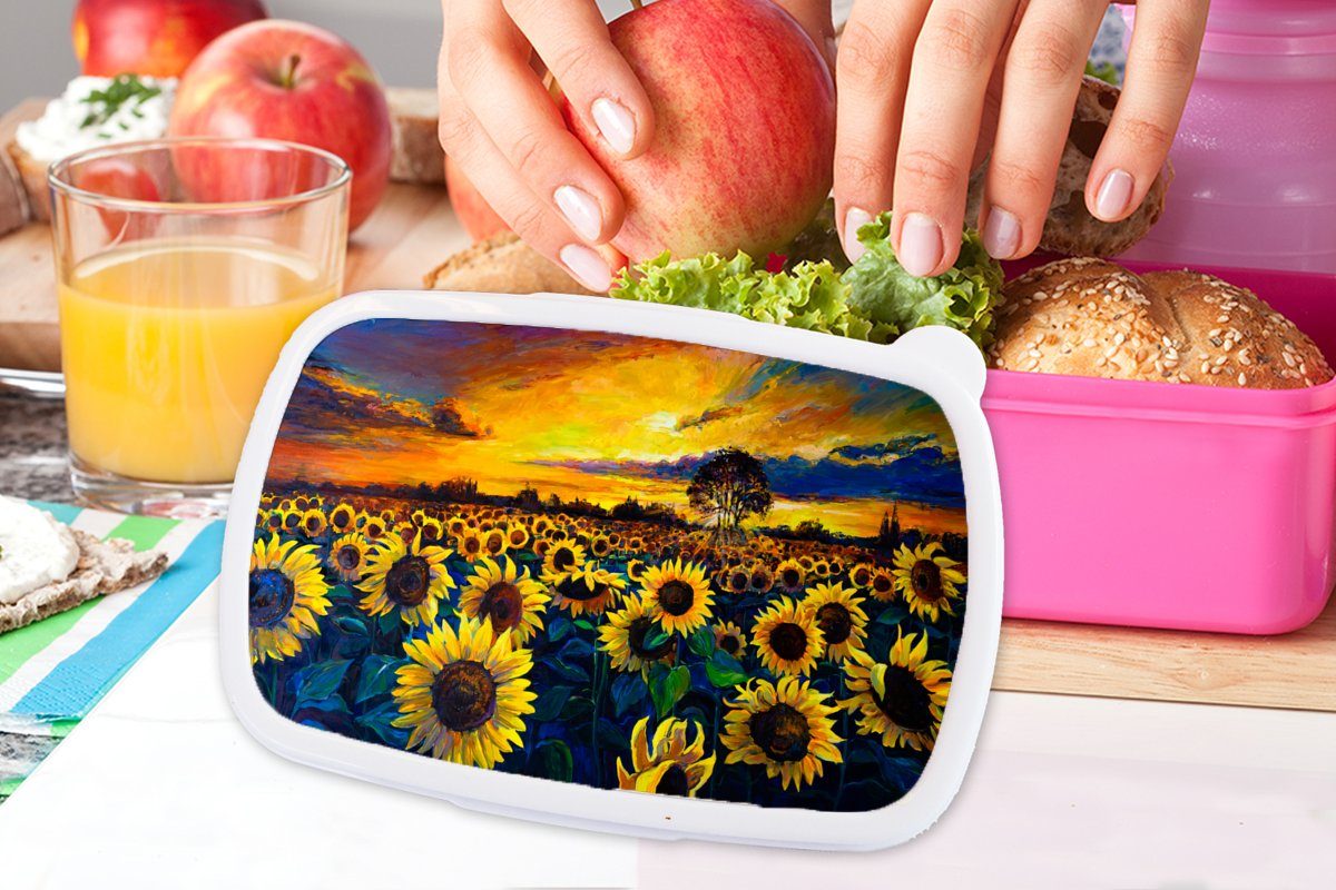 Sonnenblume, Brotdose Snackbox, MuchoWow - Kunststoff, Kinder, (2-tlg), - Erwachsene, Gemälde Kunststoff Ölfarbe rosa für Mädchen, Lunchbox - Brotbox Blumen