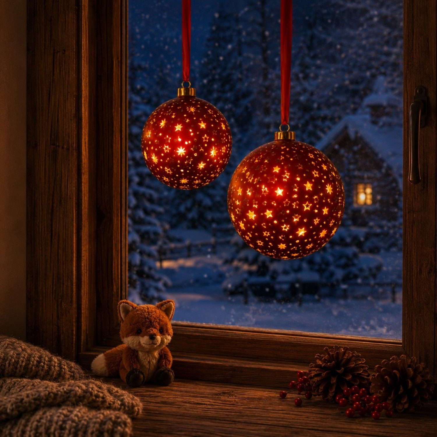 Online-Fuchs LED Dekolicht 2 Weihnachtskugeln in ROT aus Glas zum Aufhängen - Weihnachtsdeko, gelaserte Sterne und Punkte, 15 & 25 warmweiße LEDs, praktische 6-Stunden Timerfunktion