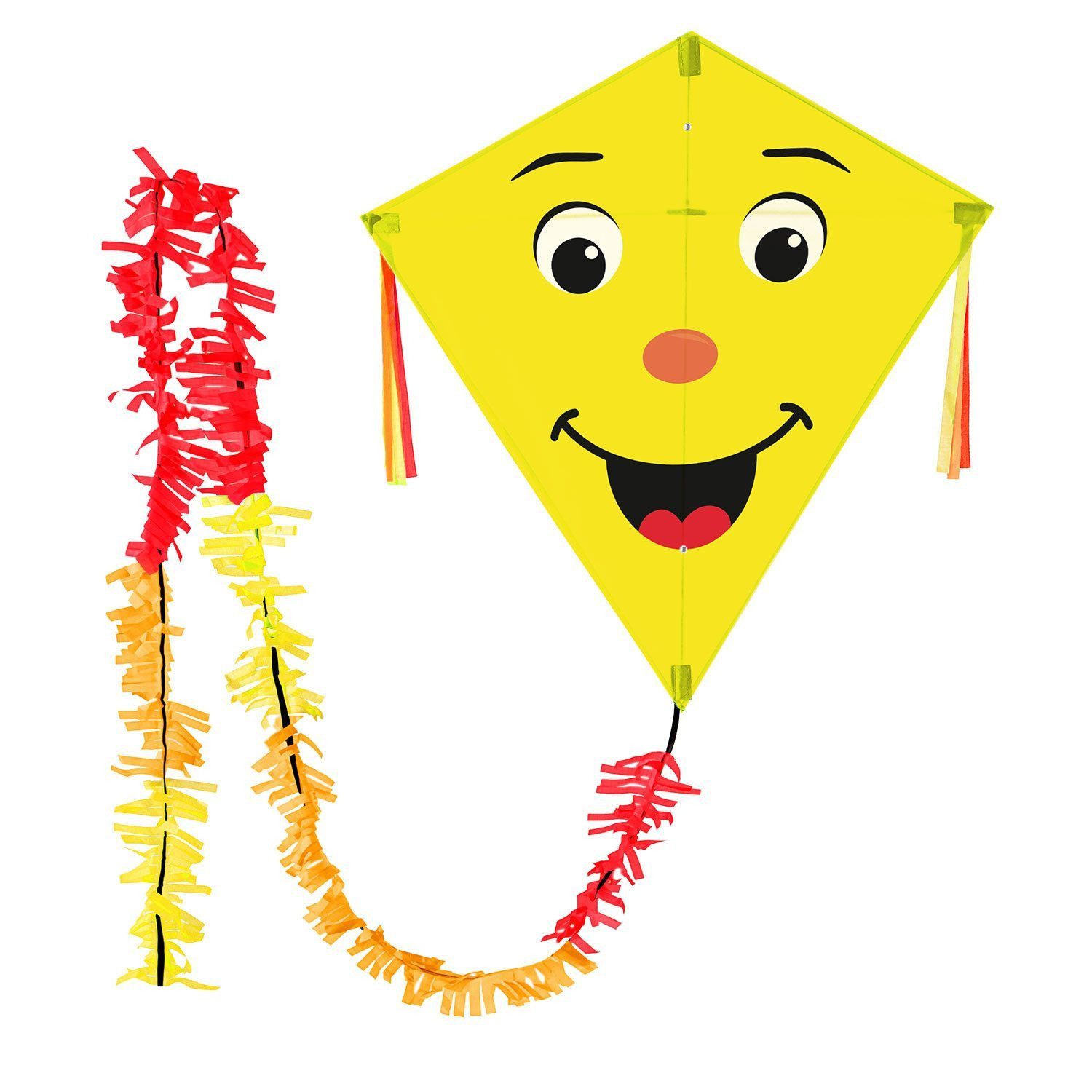 Wolkenstürmer Flug-Drache Kinderdrachen ab 3 Jahre Ready to Fly Outdoor Kite 75 cm, (Flugspielzeug Jungen Mädchen Rautendrachen mit Puschelschwanz, 1-tlg), Flugfertiger Rautendrachen Eddy ab 3 Jahre mit Gesicht Smile gelb