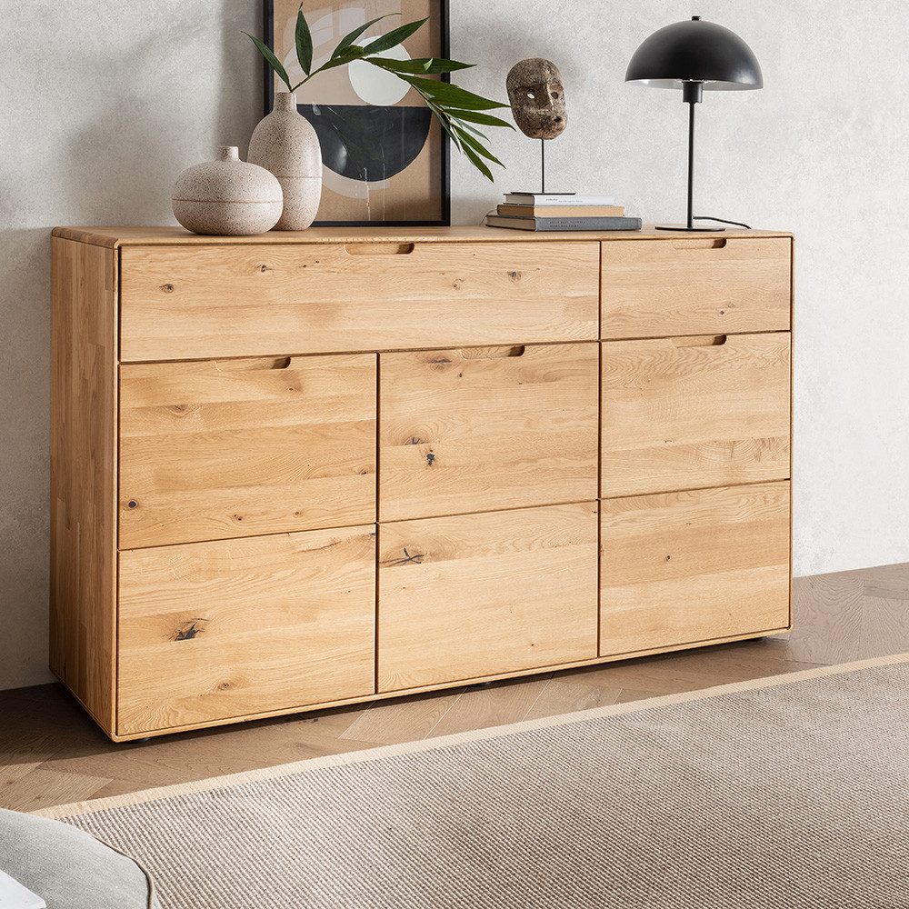 Lomadox Kommode WISLA-69, Massivholz Wildeiche geölt, 149 cm, Griffeinfräsung, Softclose