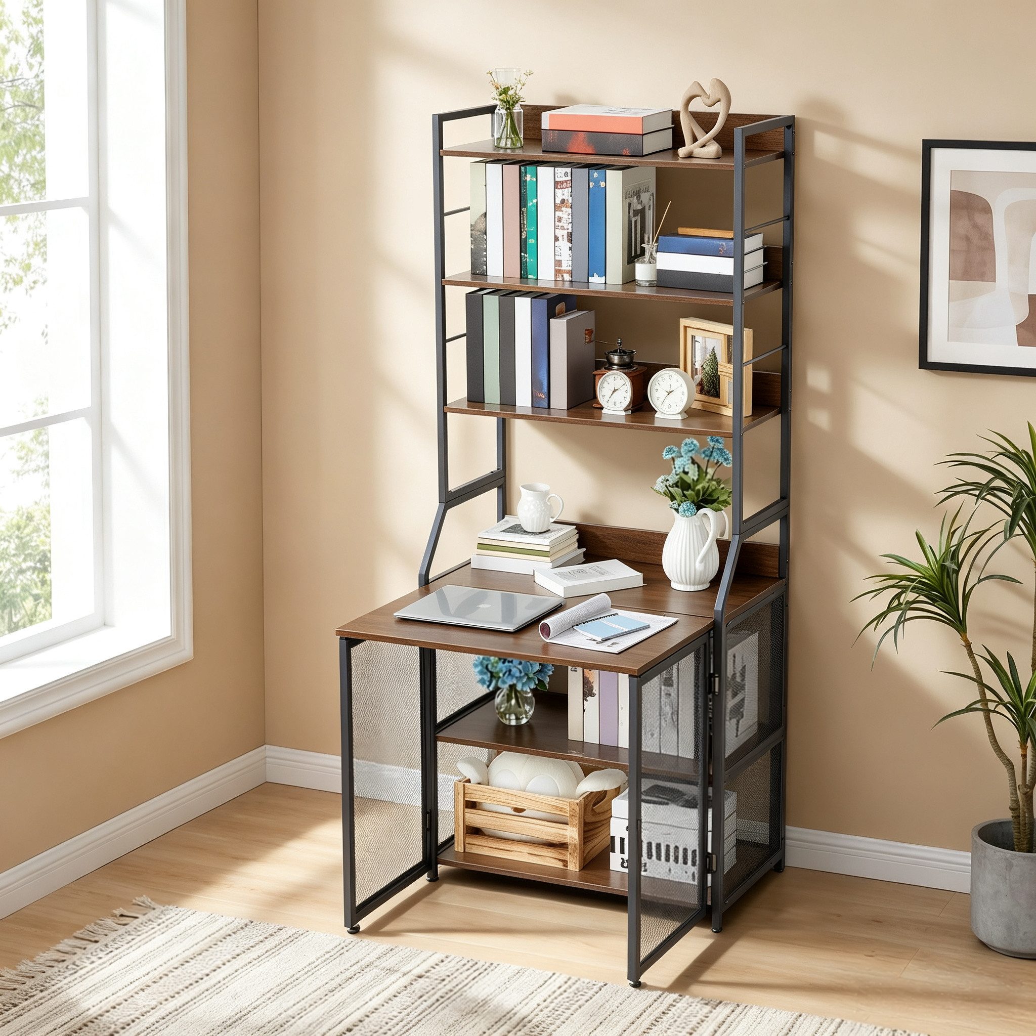 GarveeMore Regal-Schreibtisch 2-in-1, Kippschutz, Schranktür mit Rollen, 10 kg Traglast pro Ebene, aus Metall & Spanplatte, 180 x 60 x 25 cm, schwarz/weiß/braun