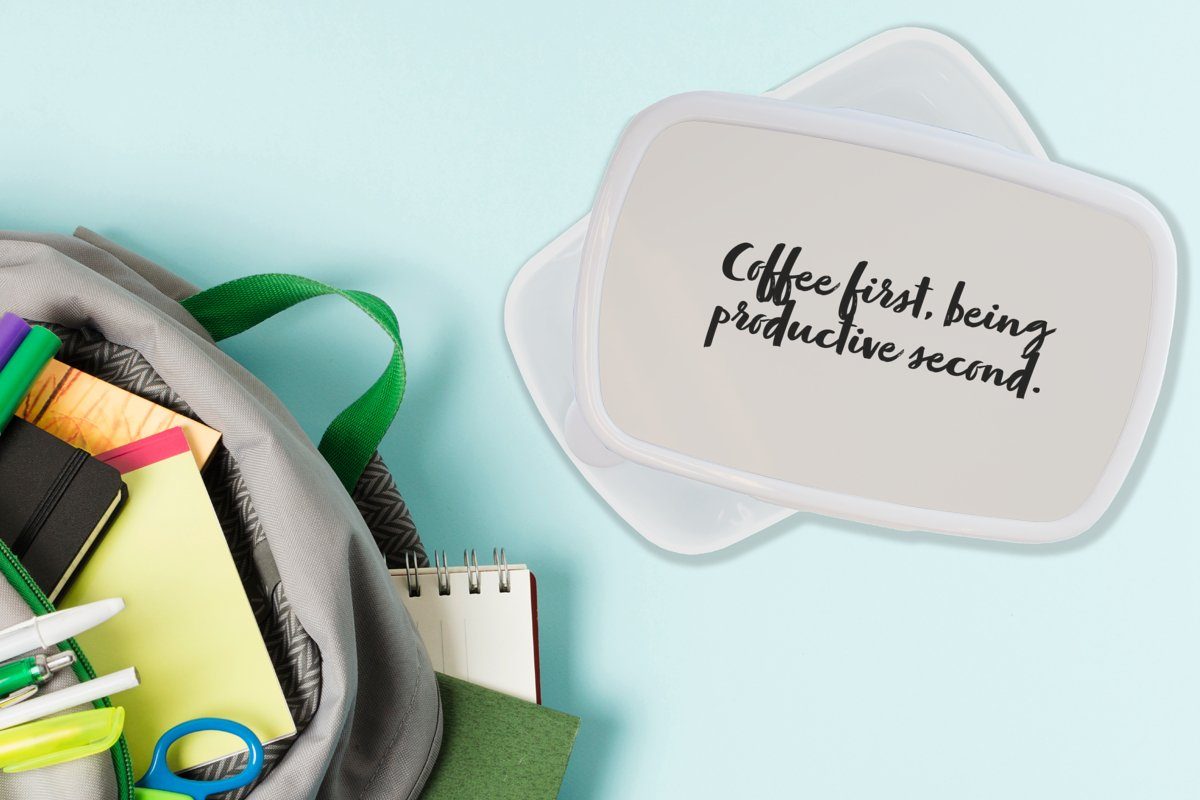 MuchoWow Lunchbox Kaffee - Erwachsene, Mädchen Kinder dann Sprichwörter für weiß Kunststoff, für und -, produktiv Zitate - sein - Jungs Erst und Kaffee, (2-tlg), Brotbox Brotdose
