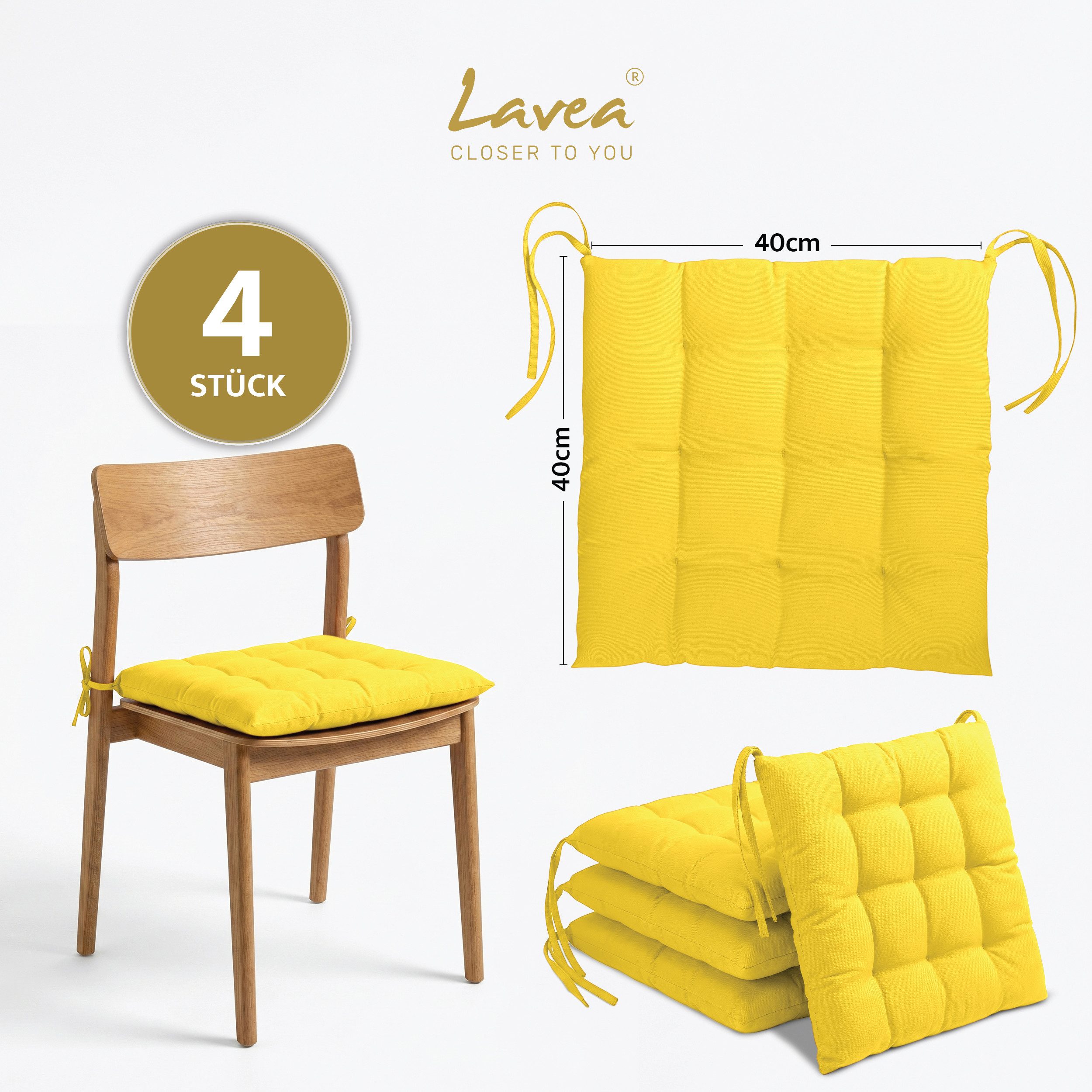 Lavea Stuhlkissen Lavea® Sitzkissen & Stuhlkissen 40x40 cm – 4er/8er Set, 40x40x3 cm, mit Stoffbändern, Indoor & Outdoor, für Garten & Balkon
