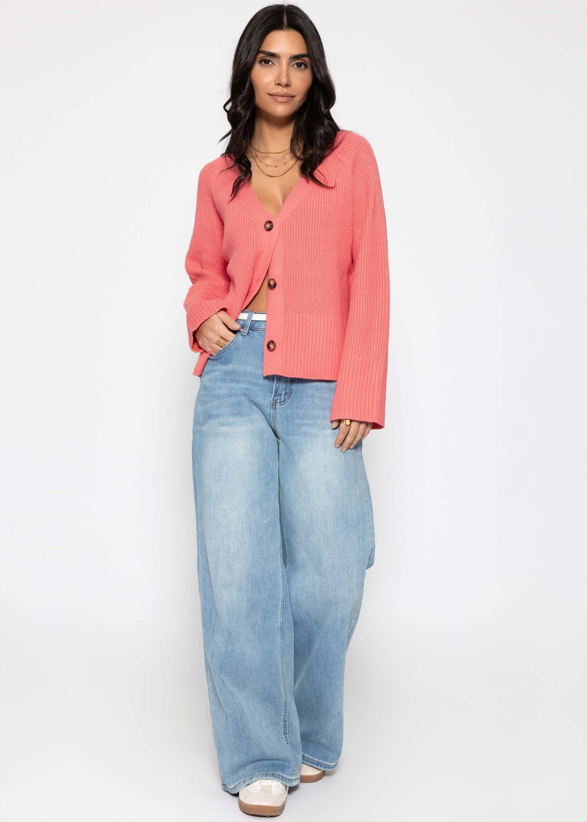 SASSYCLASSY Cardigan Gerippter Cardigan mit V-Ausschnitt für Damen Strickjacke mit markanter Knopfleiste und weiten Ärmeln
