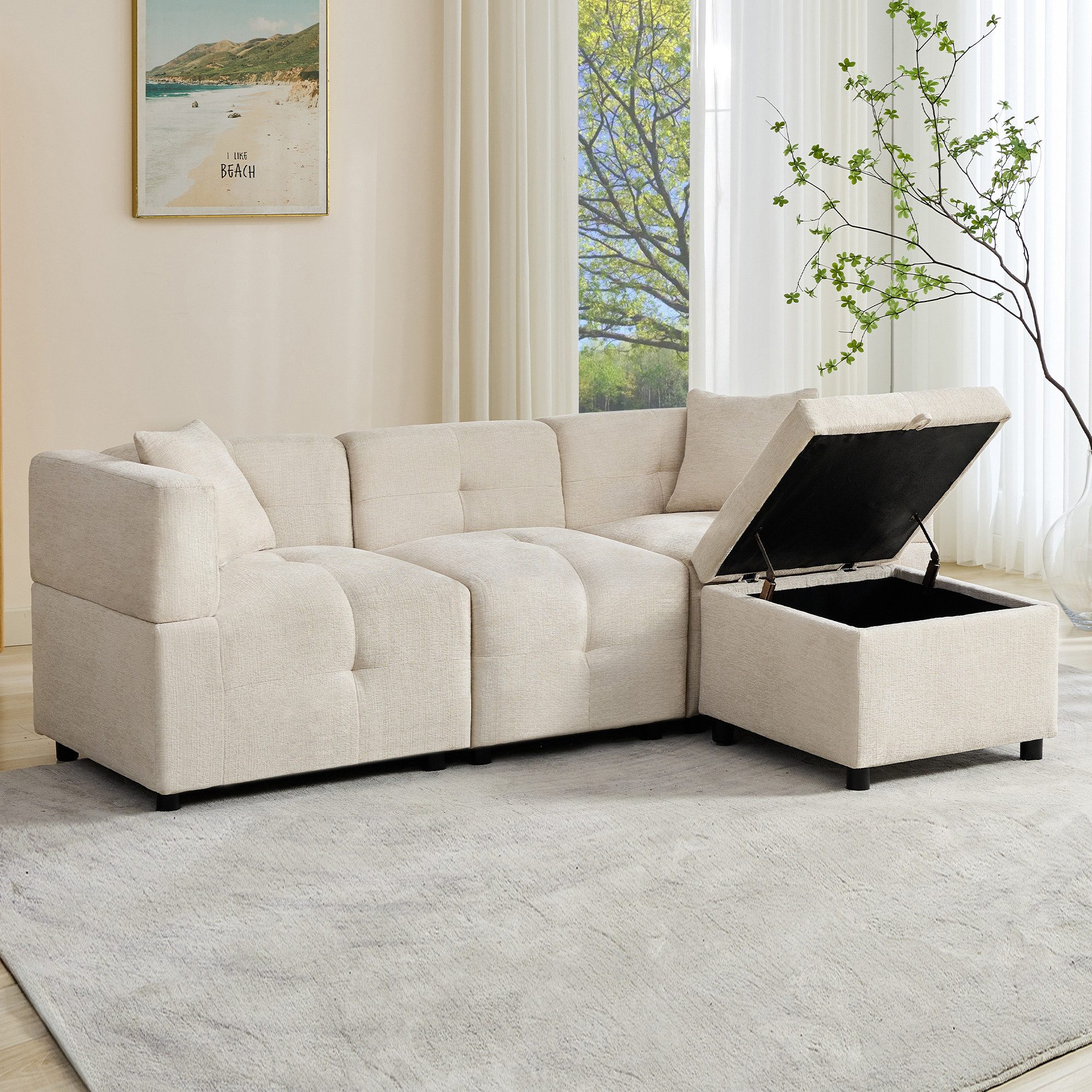 i@home Ecksofa 3-Sitzer-Sofa, Ecksofa mit Stauraum, L-förmiges Ecksofa, mit abnehmbarem Fußhocker und 2 Kissen, Beige