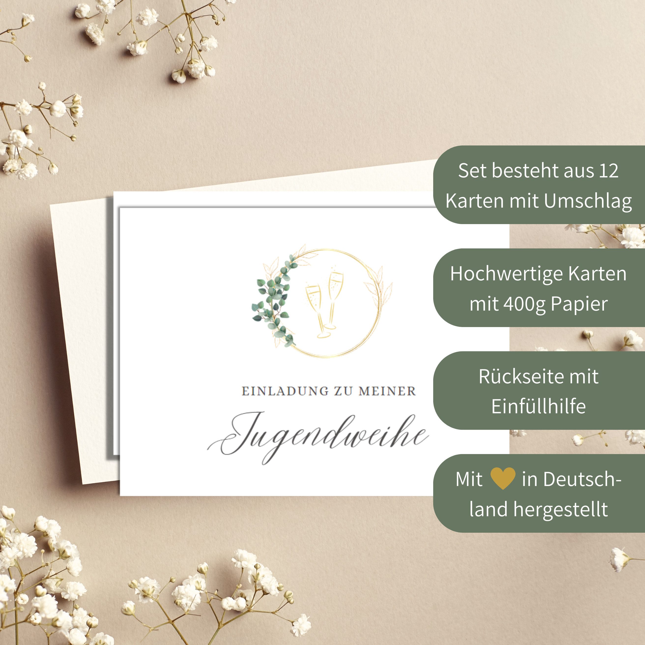 Briefzauber Einladungskarten 12x Jugendweihe Einladungskarten mit 12x Umschlägen