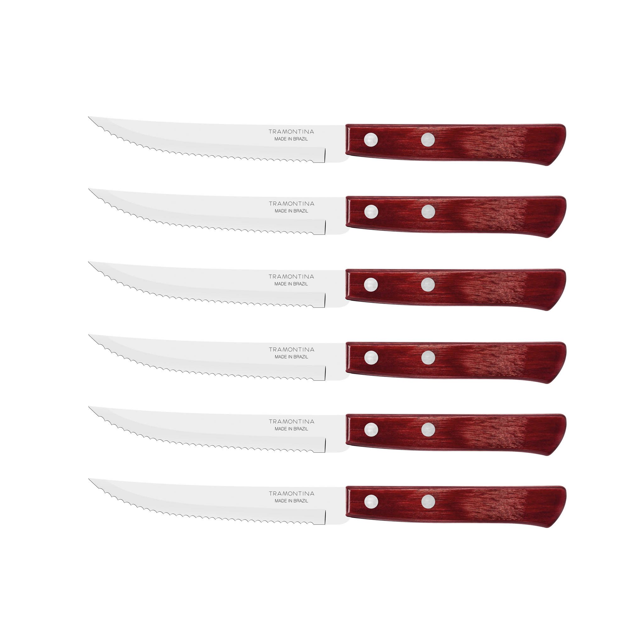 Tramontina Steakmesser Pizzamesser Set, im 6er Set – mit Holzgriff (6 Stück), FSC Holzgriff, rostfreier Edelstahl, Wellenschliff, spülmaschinenfest