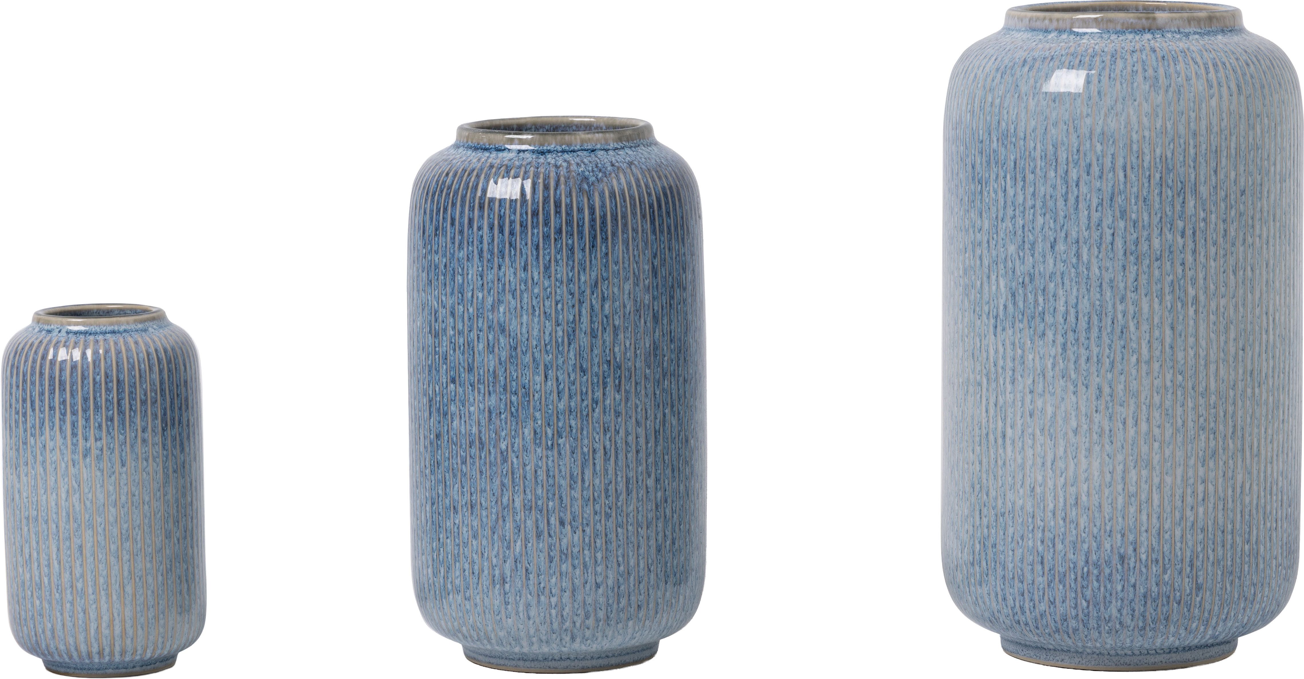 OTTO home Tischvase Ylvii, innen vollständig glasiert und wasserundurchlässig (Set, 3 St., Maße: 12x22cm, 10x18cm und 6,5x12cm, vertikal gerippte Struktur), Vasen aus Keramik, uni matt oder mit glänzender, Effektglasur