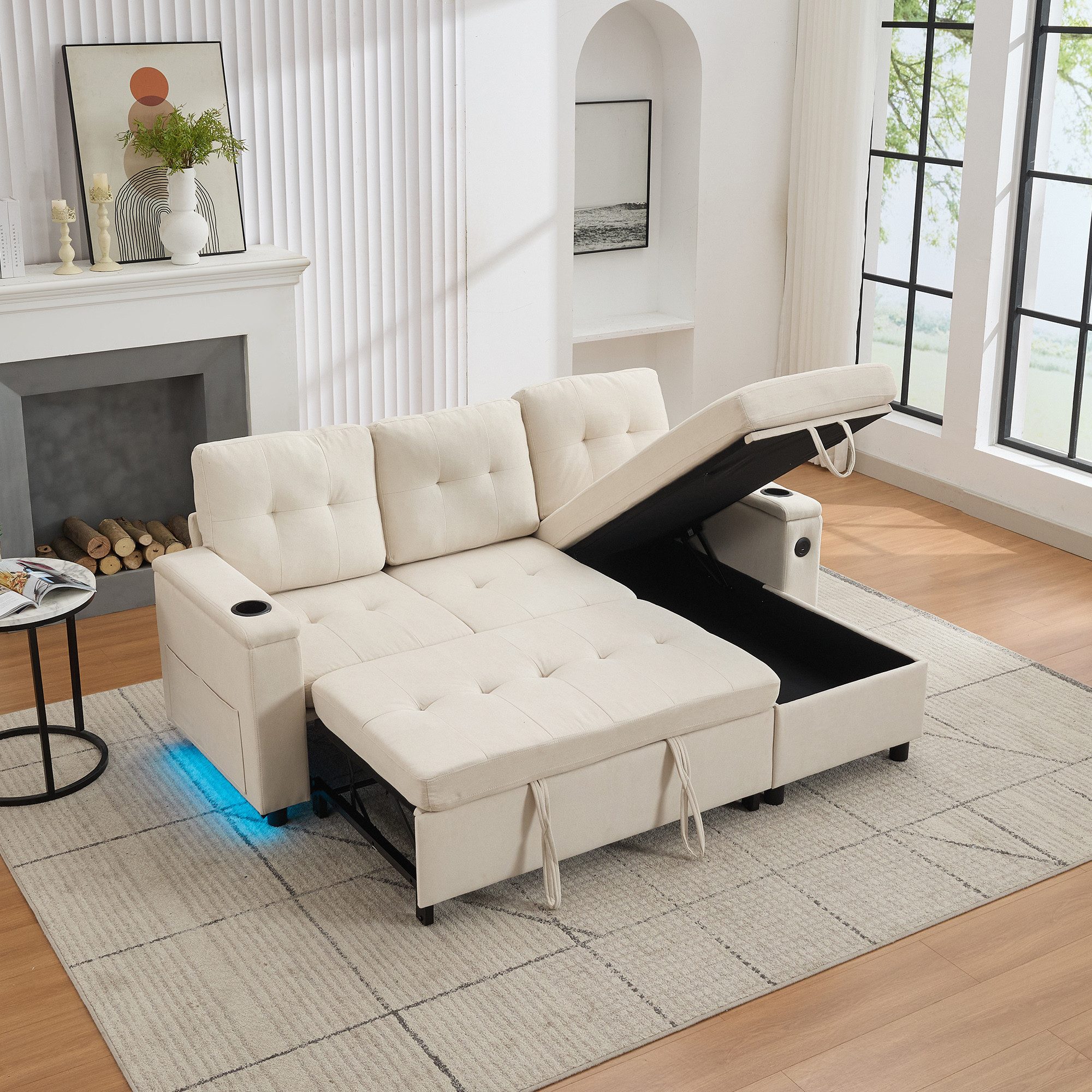 Merax Schlafsofa L-förmiges Ecksofa mit LED-Ambiente & USB/Typ-C, 208×146×89,5 cm 1 Teile, 3-in-1 Klappsofa mit verstecktem Stauraum,Getränkehalter,Seitentaschen